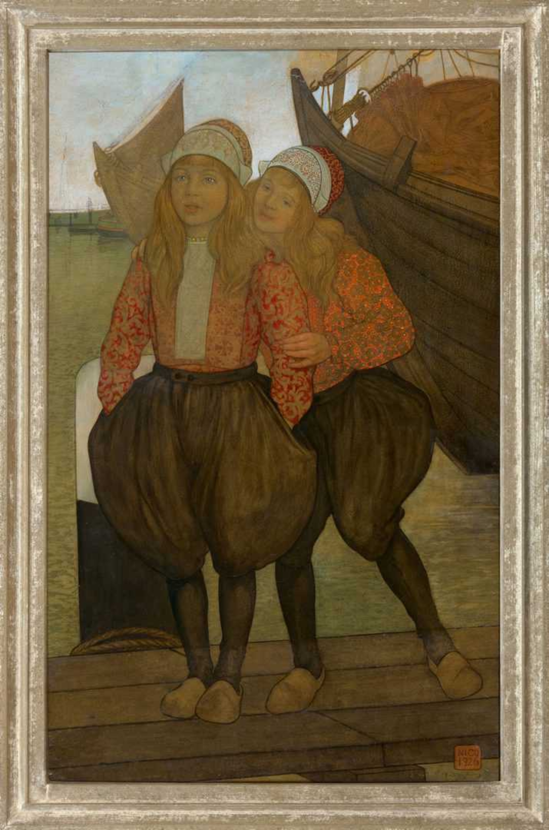 Nico Jungmann: Twee kinderen in de haven van Marken (in lijst)