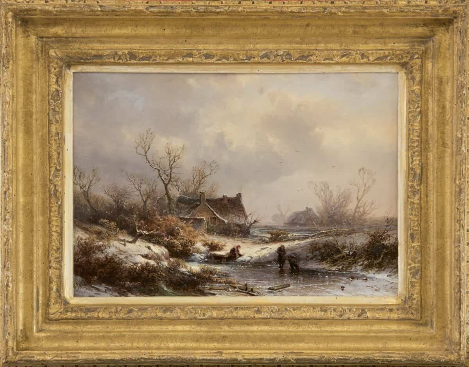 Pieter Kluyver: Winters landschap met bevroren vennetje (in lijst)