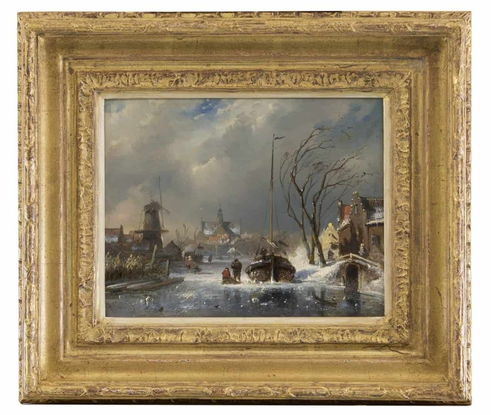 Charles Leickert: Winters stadsgezicht met bevroren vaart (in lijst)
