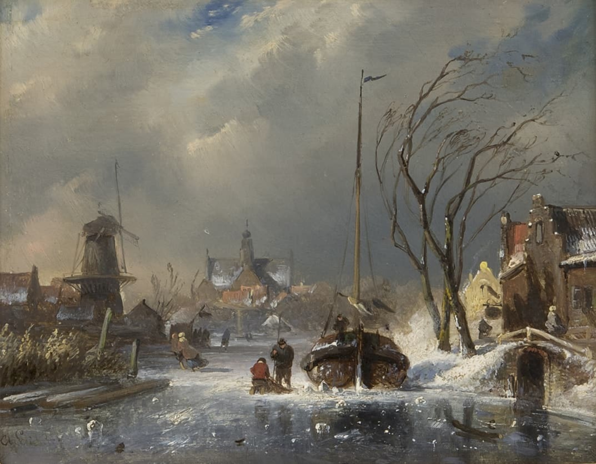 Charles Leickert: Winters stadsgezicht met bevroren vaart