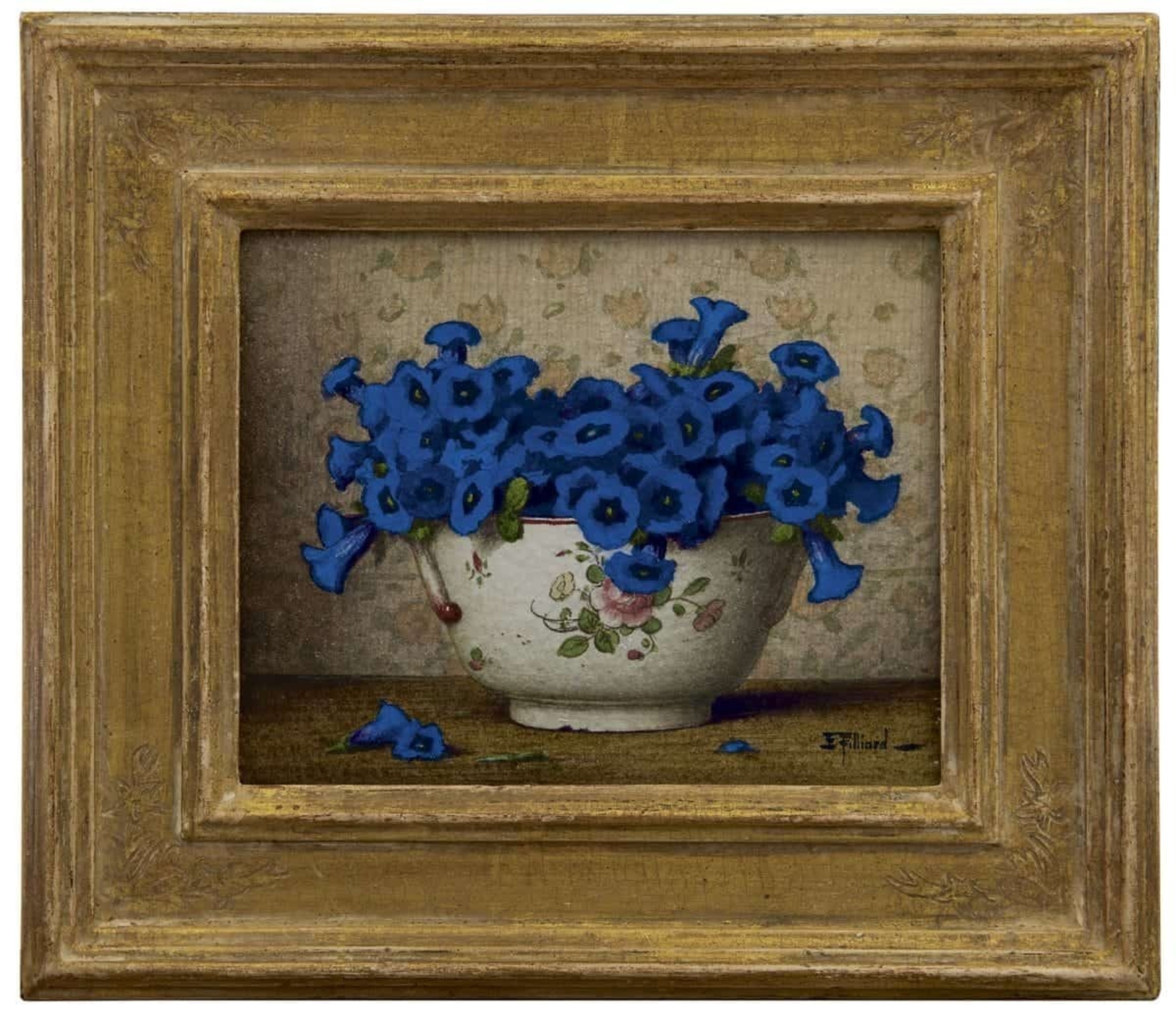 Ernest Filliard: Blauwe gentiaantjes in een kom (in lijst)