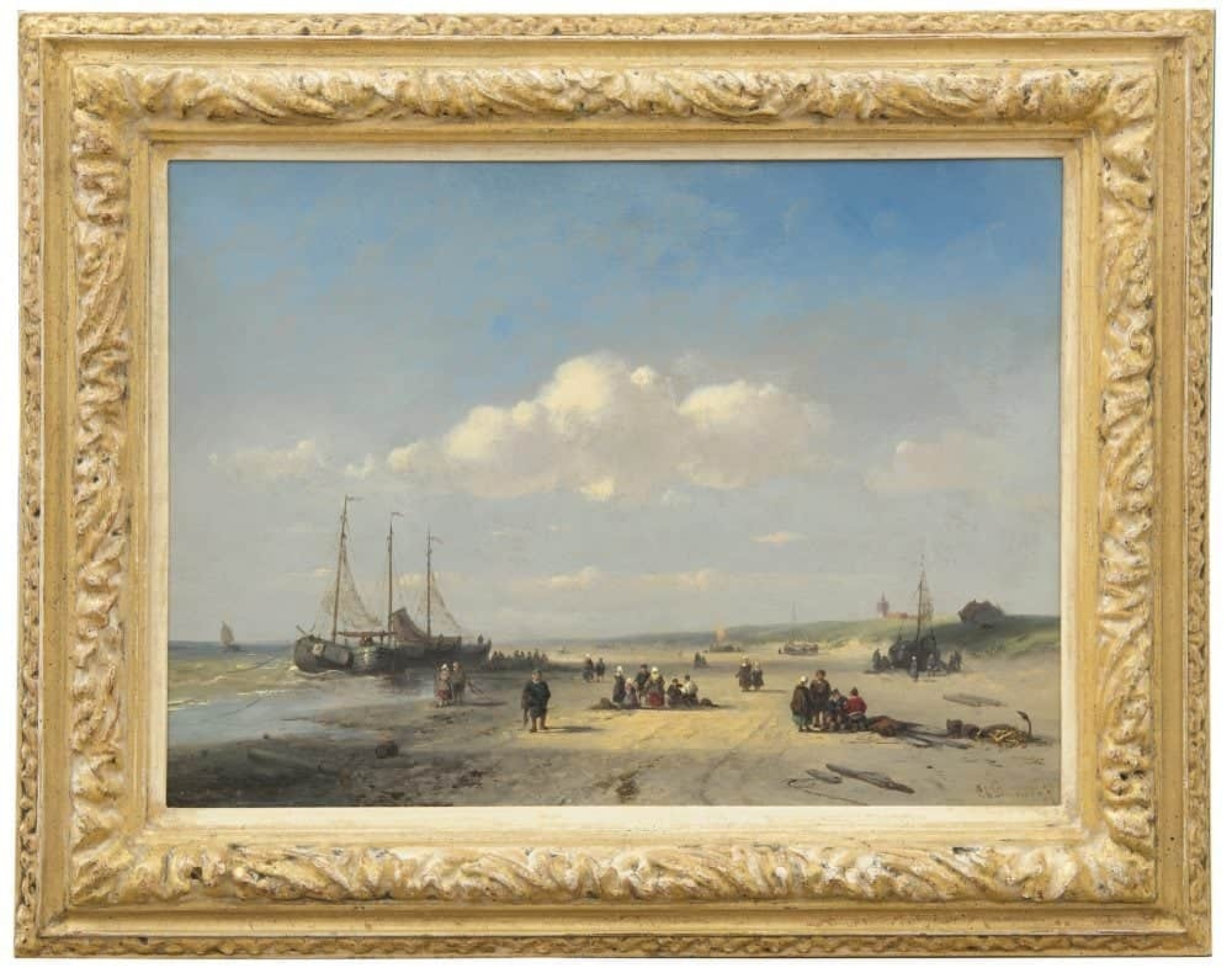 Charles Leickert: Bomschuiten en vissers op het strand van Scheveningen (in lijst)