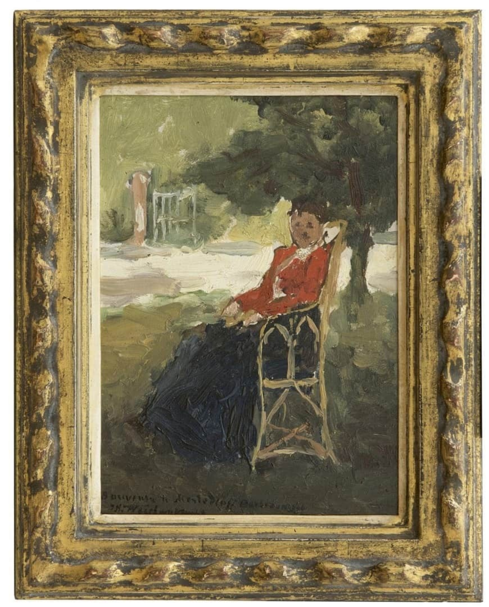 Hendrik Johannes Weissenbruch: Zittende vrouw in een zonnige tuin in Barbizon (in lijst)