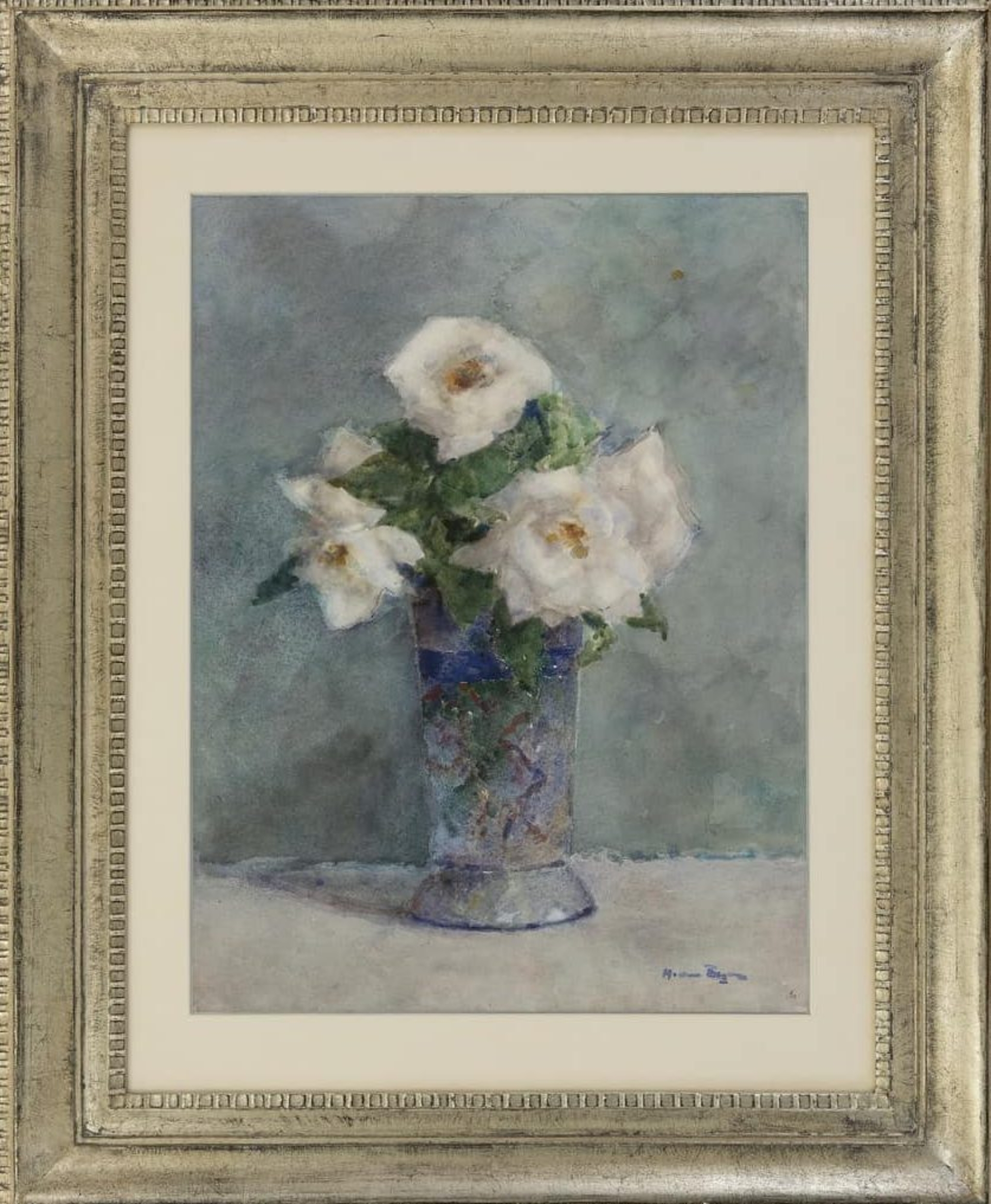 Herman Bogman: Witte rozen in kristallen vaas (in lijst)