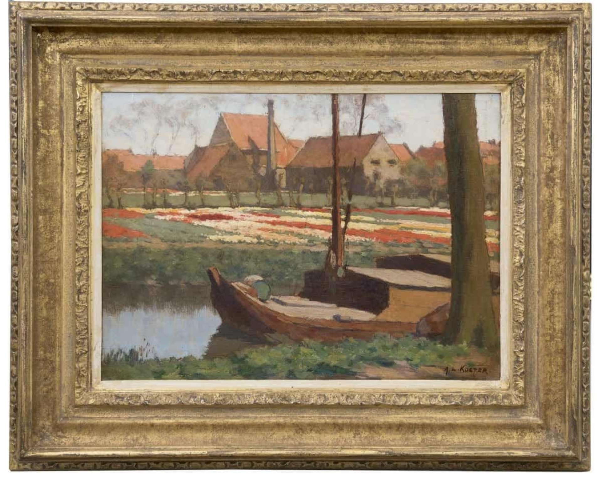 Anton Koster: Tulpenkwekerij aan de Kerklaan te Heemstede (in lijst)