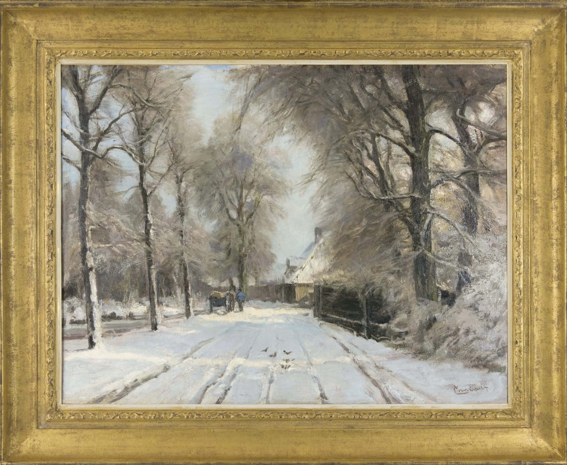 Louis Apol: Winterse boslaan met paard en wagen (in lijst)