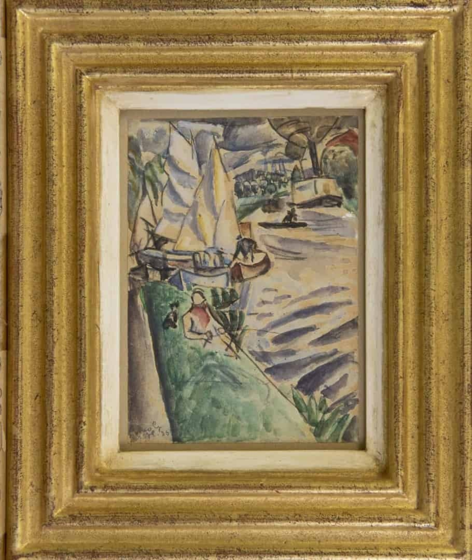 Leo Gestel: Zomers riviergezicht met zeilboten en visser (in lijst)