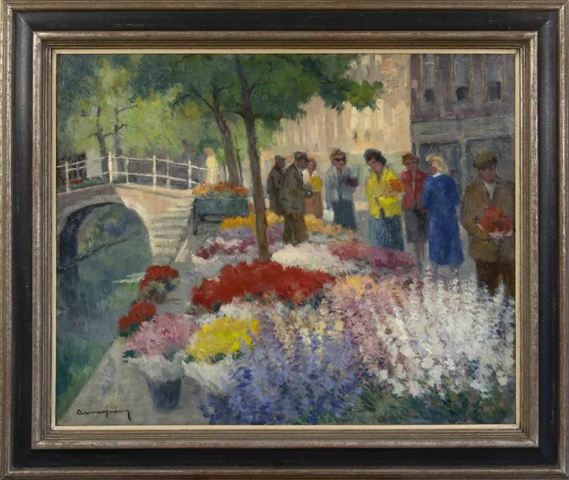Arie Wassenburg: Vrouwen bij een bloemenstal in Delft (in lijst)