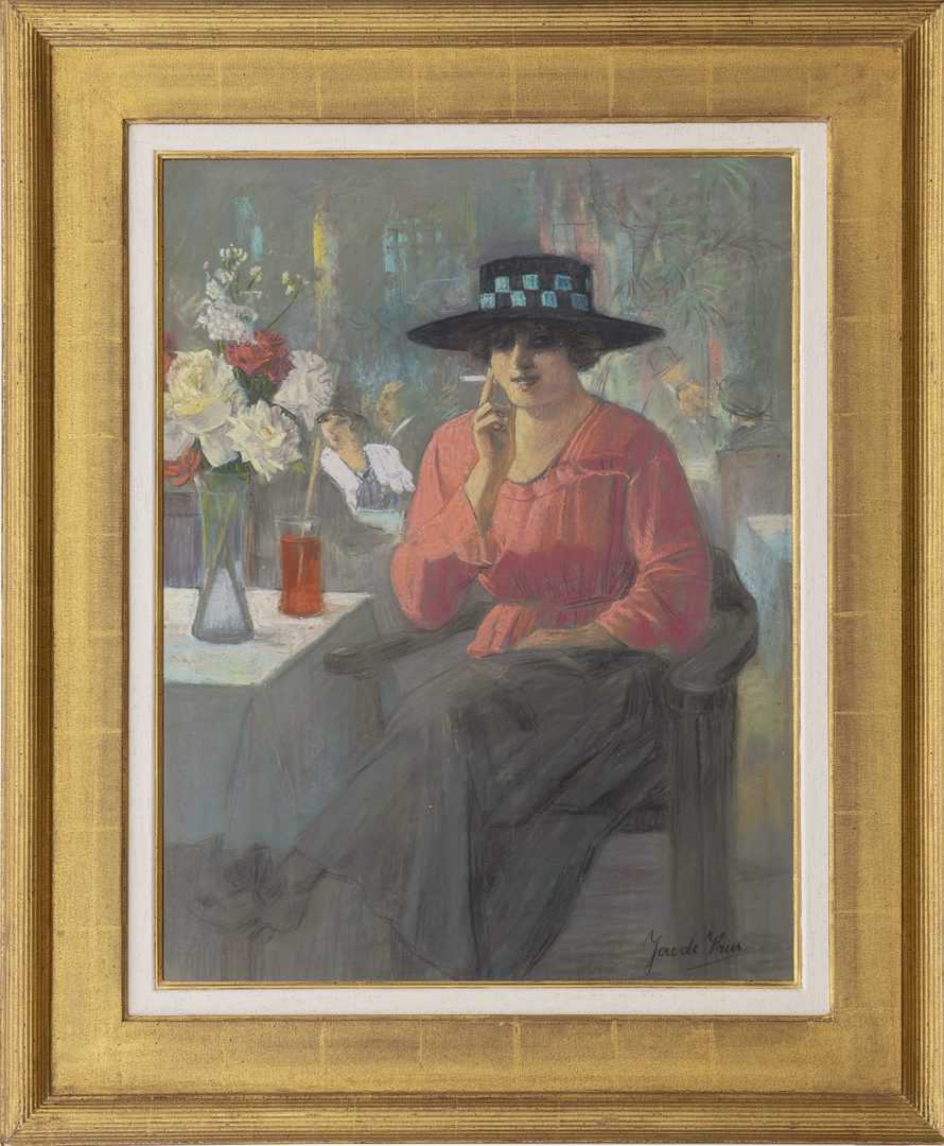 Jacob Sijbout ‘Jac’ de Vries: Vrouw met sigaret in een restaurant (in lijst)