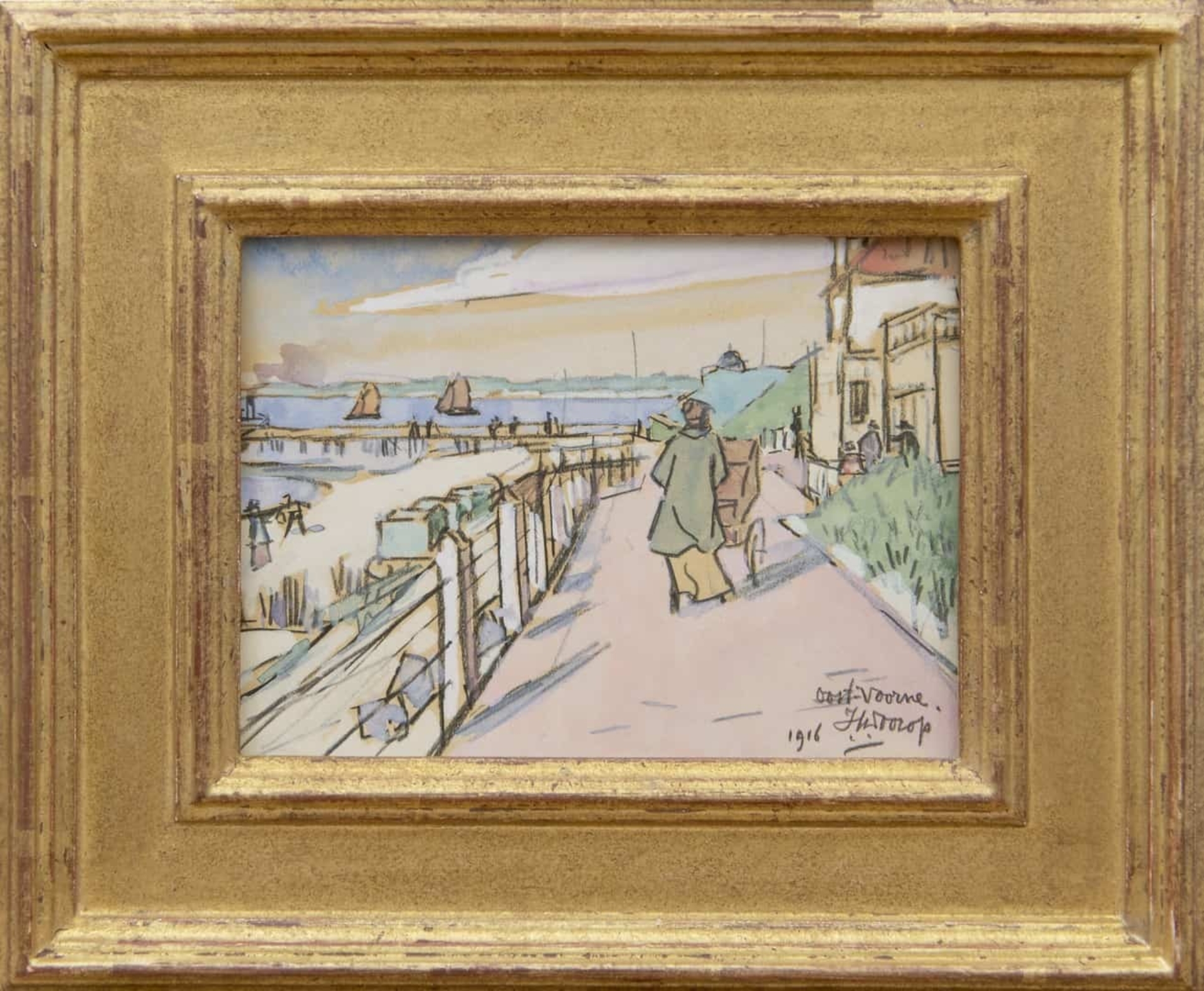 Jan Toorop: Wandelen langs de promenade in Oostvoorne met het badpaviljoen (in lijst)