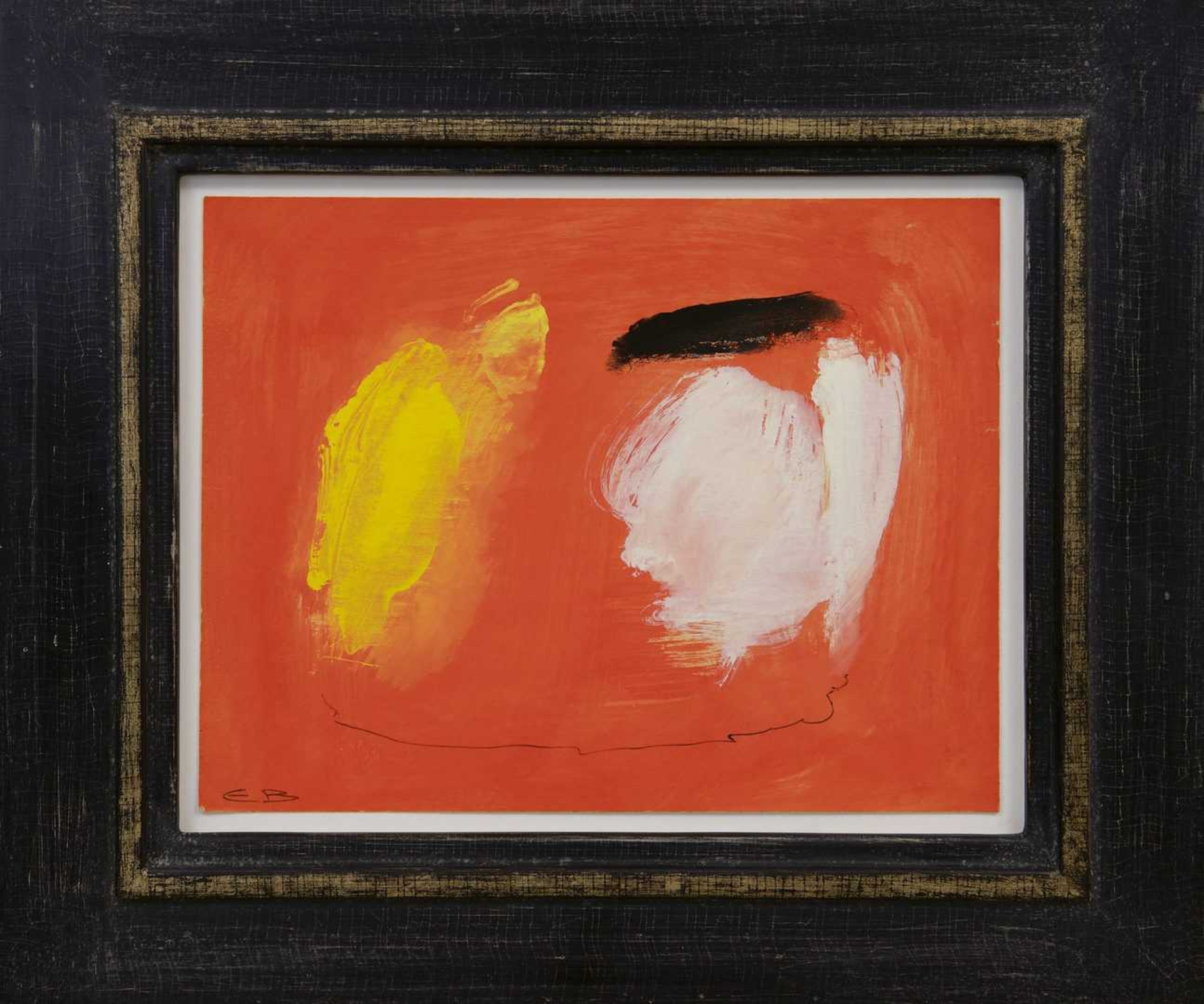 Eugène Brands: Compositie tegen rode achtergrond (in lijst)