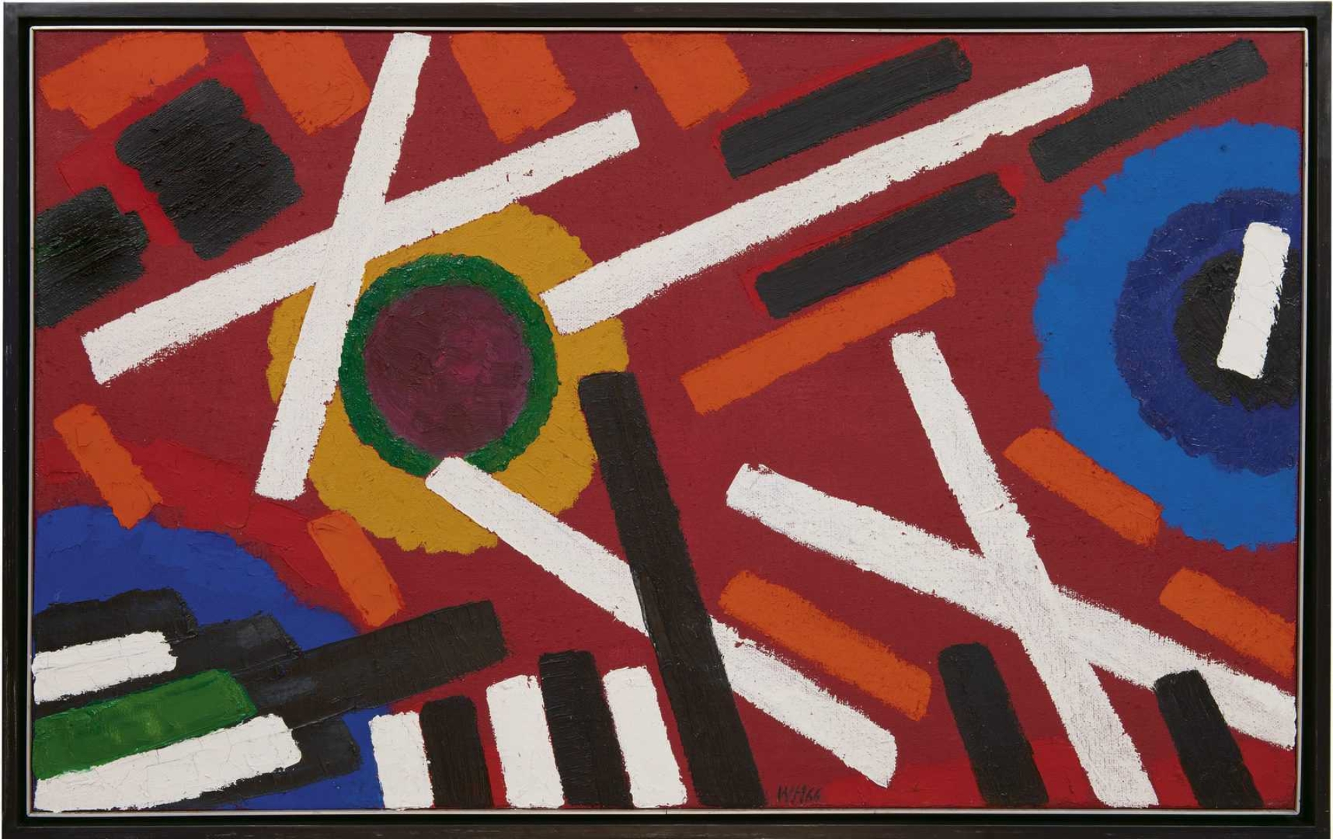 Willem Hussem: Compositie met rode achtergrond (in lijst)