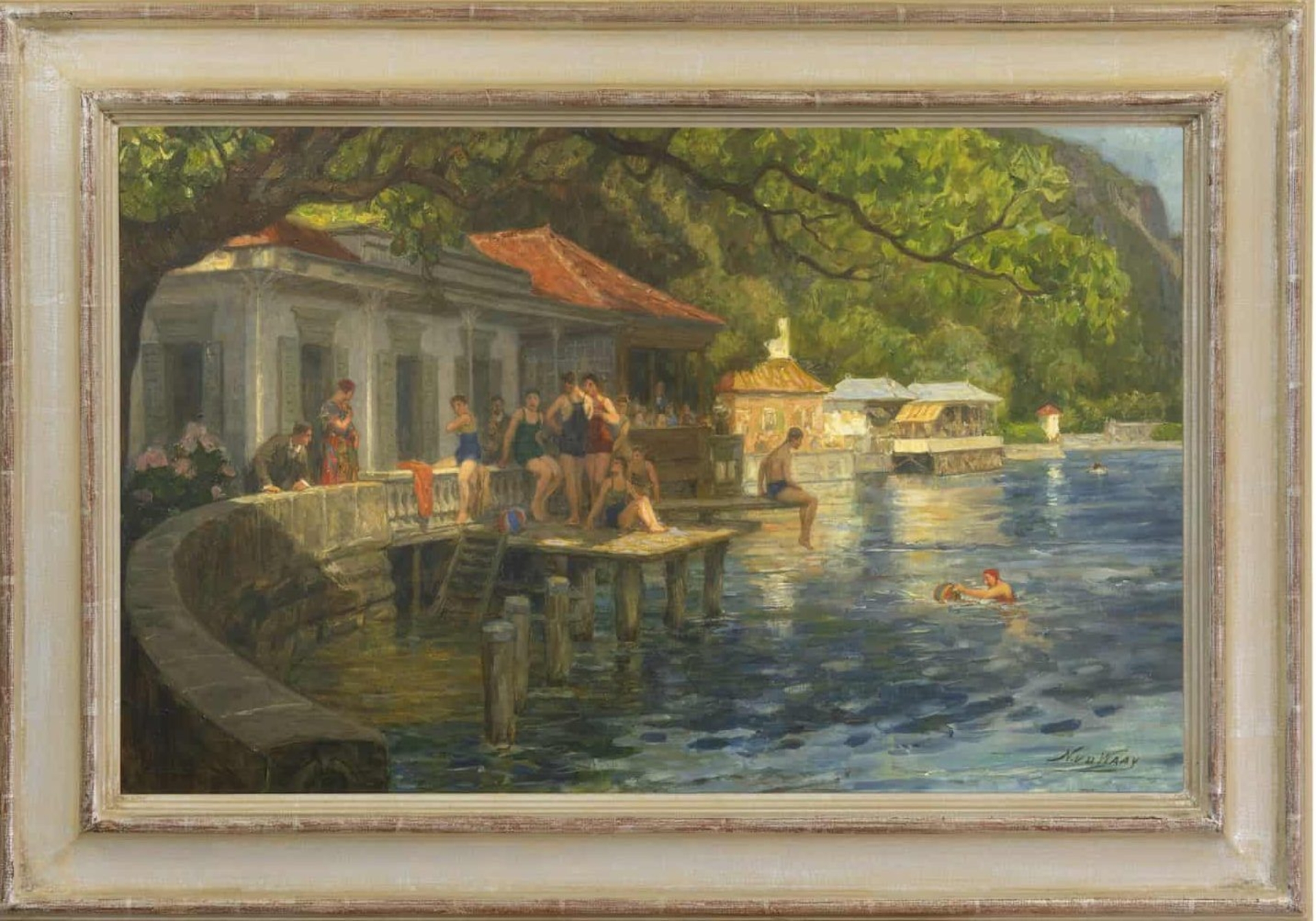 Nicolaas van der Waay: Zwemvertier aan het Vierwaldstättermeer in Gersau, Zwitserland (in lijst)