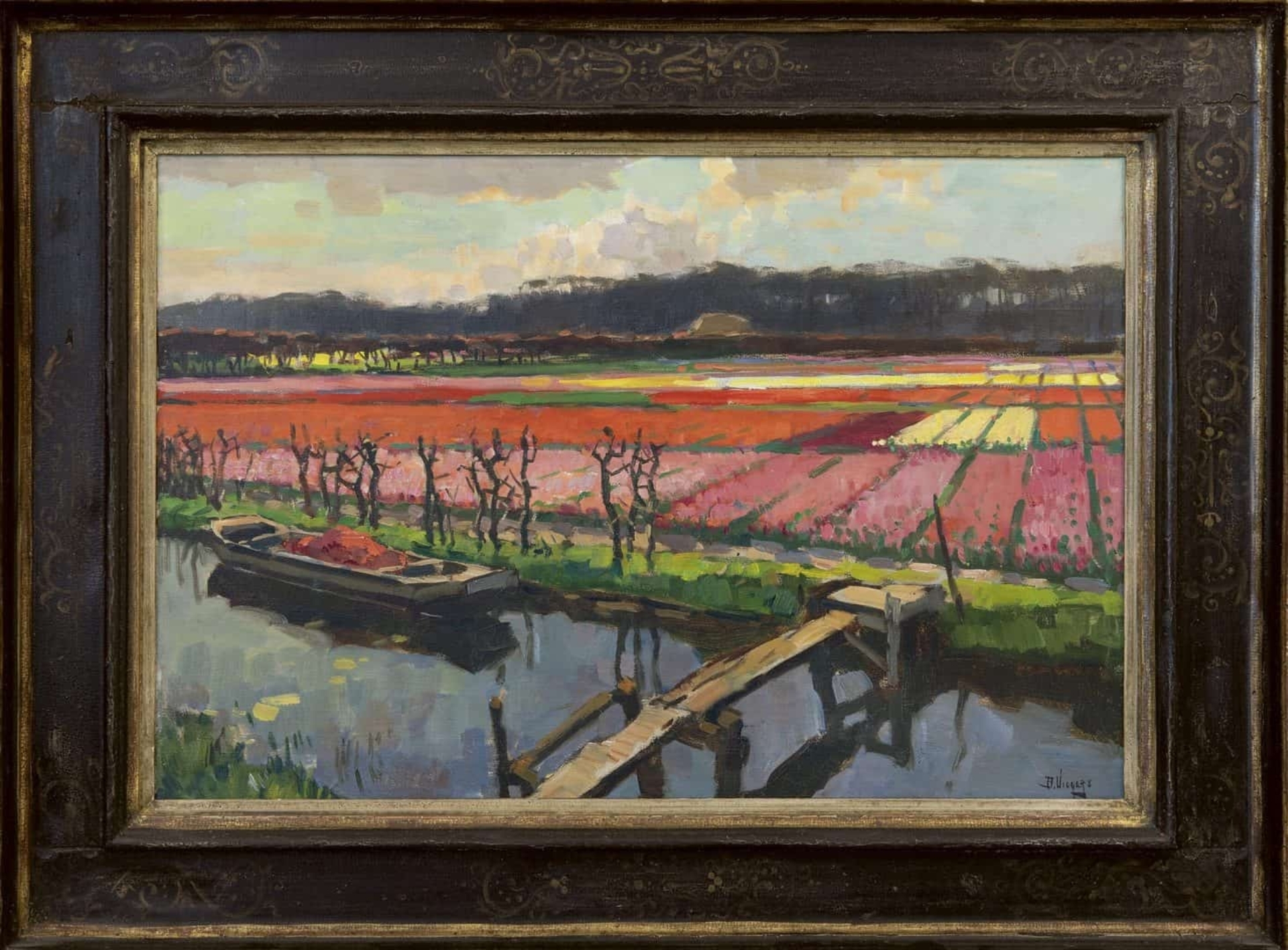 Ben Viegers: Bloeiende tulpenvelden langs vaart (in lijst)