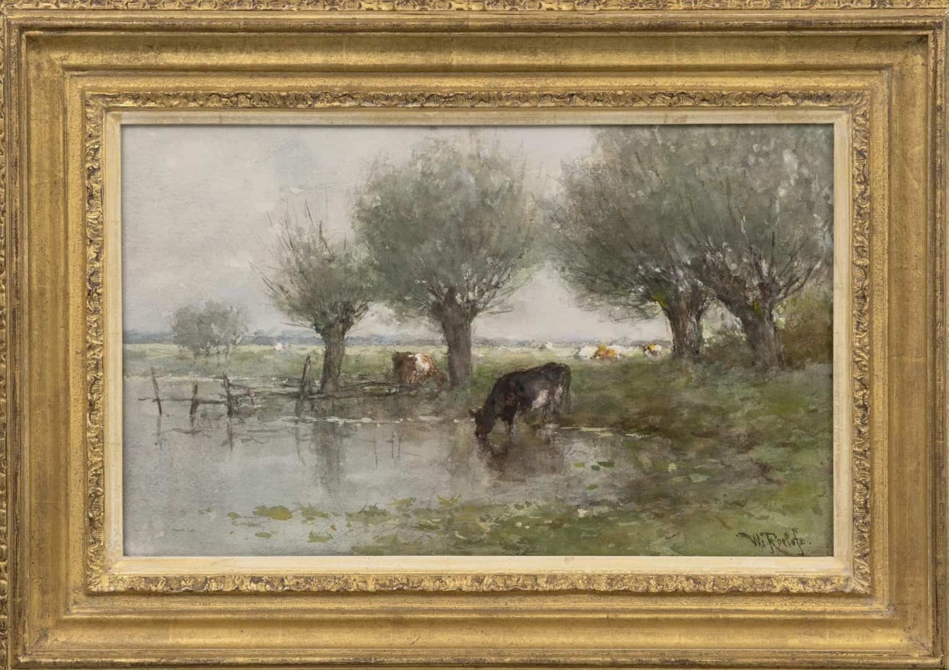 Willem Roelofs: Polderlandschap met wadende koeien (in lijst)