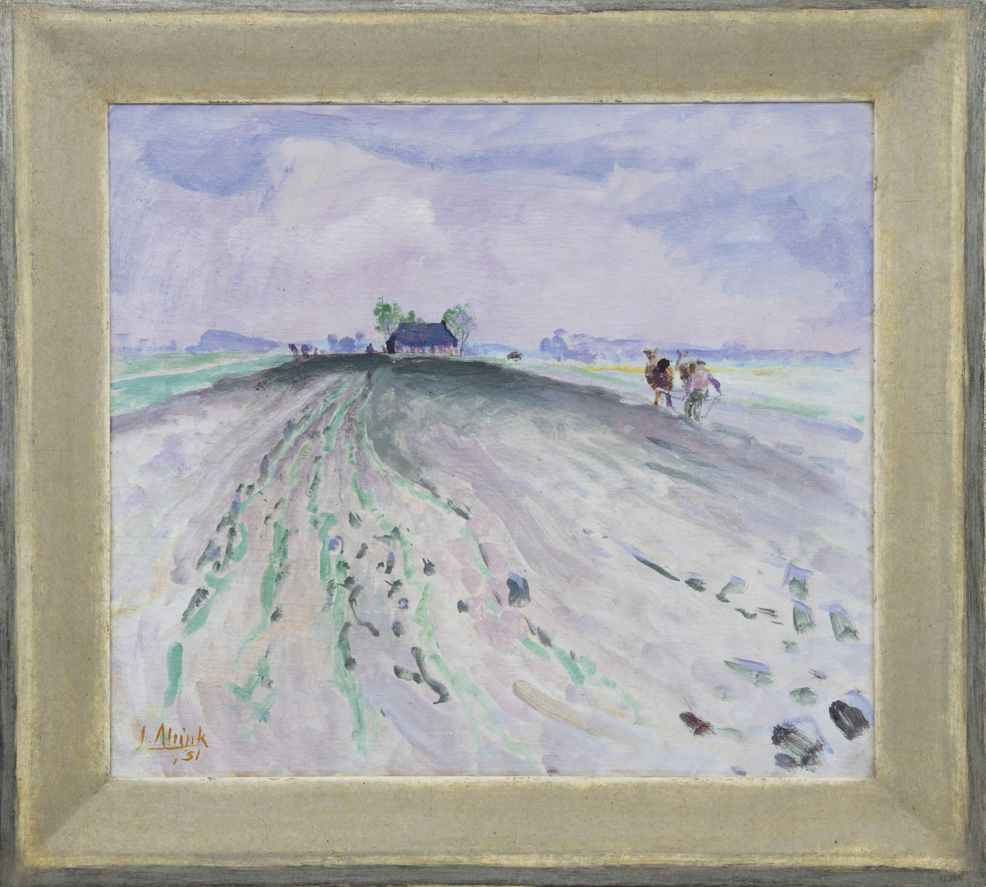 Jan Altink: Gronings landschap met ploegende boer (in lijst)