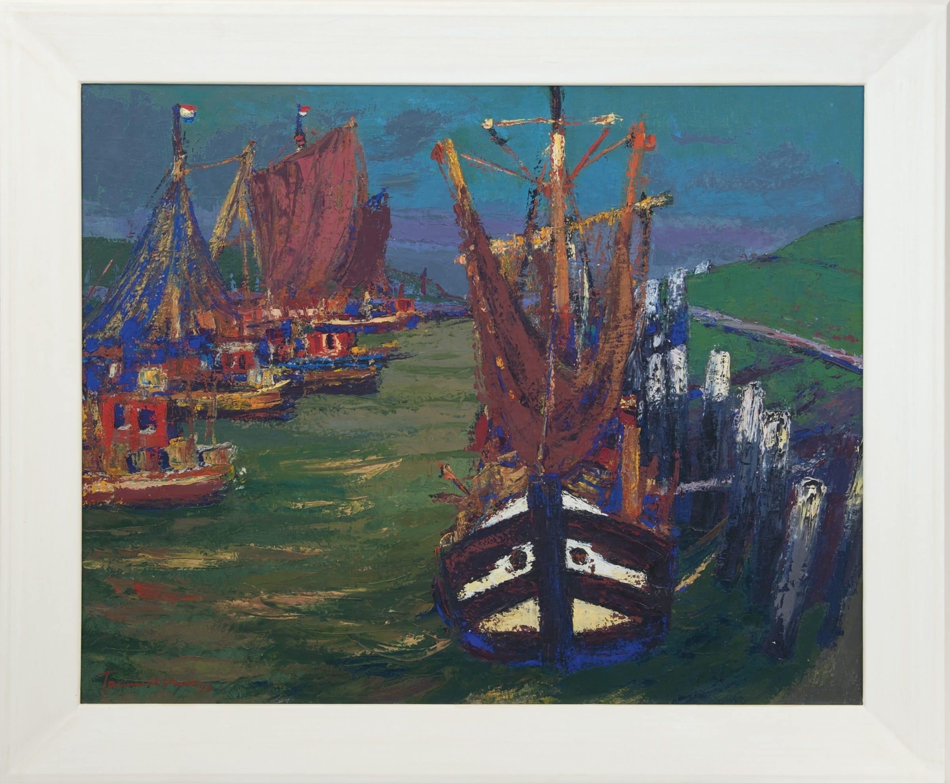 Jannes de Vries: Gezicht op de haven van Termunterzijl (in lijst)