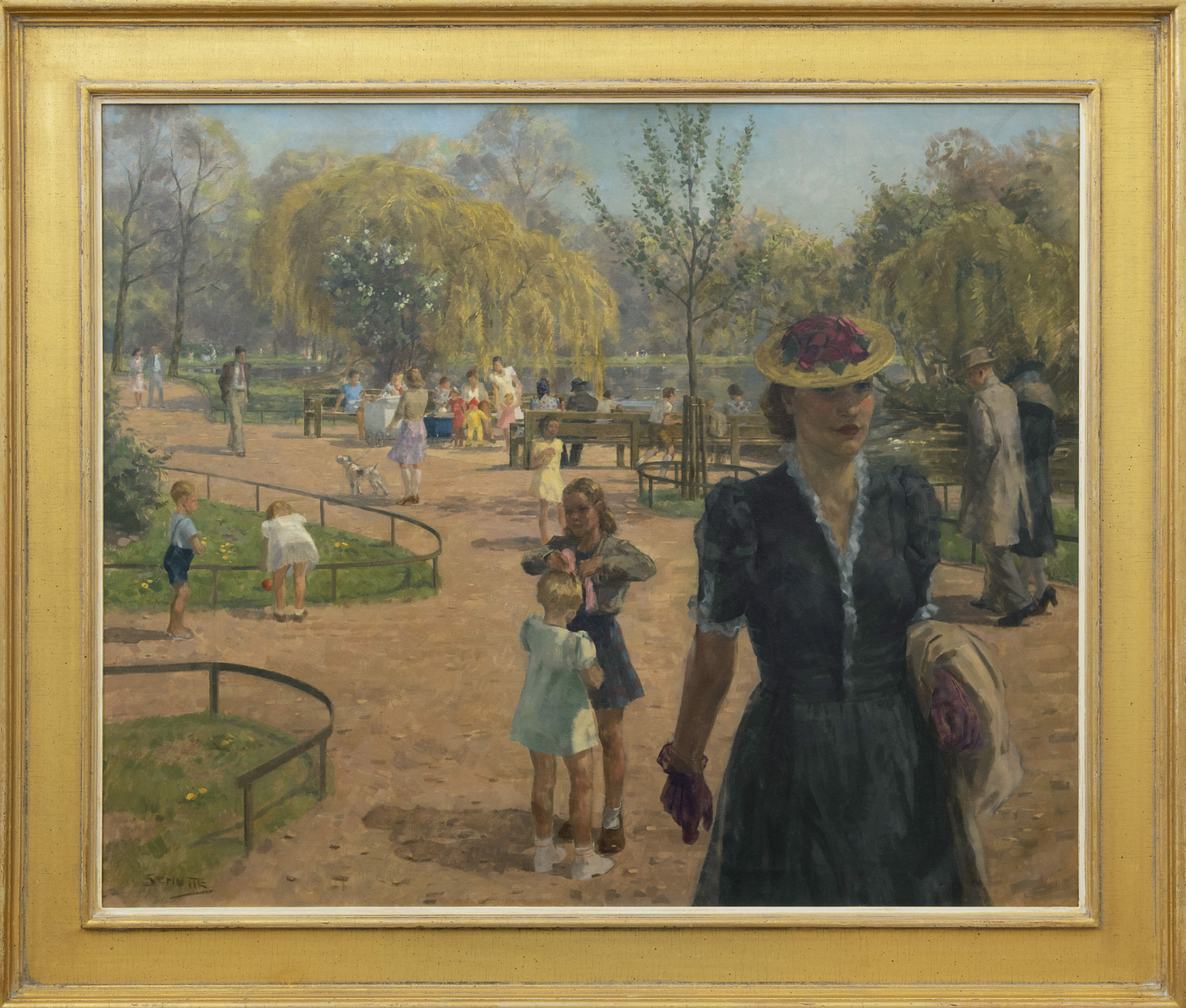 Louis Schutte: Zonnige dag in het Vondelpark in Amsterdam (in lijst)