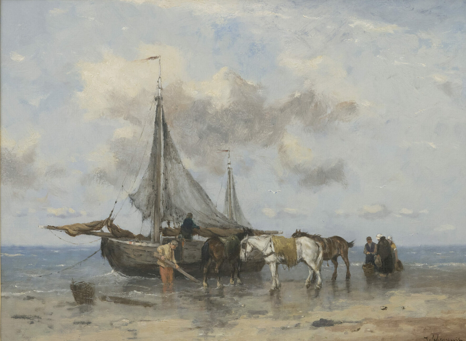 Johan Frederik Cornelis Scherrewitz: Strandgezicht met schelpenvissers bij een bomschuit