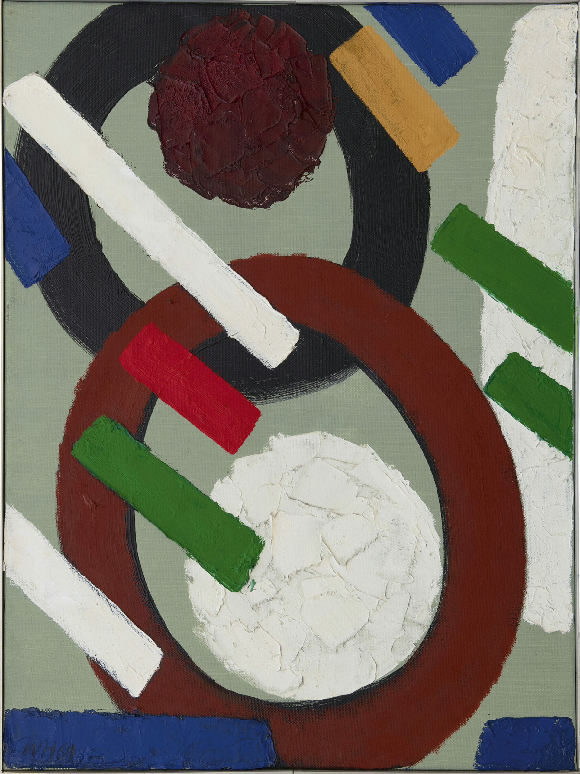 Willem Hussem: Abstracte compositie met groene achtergrond