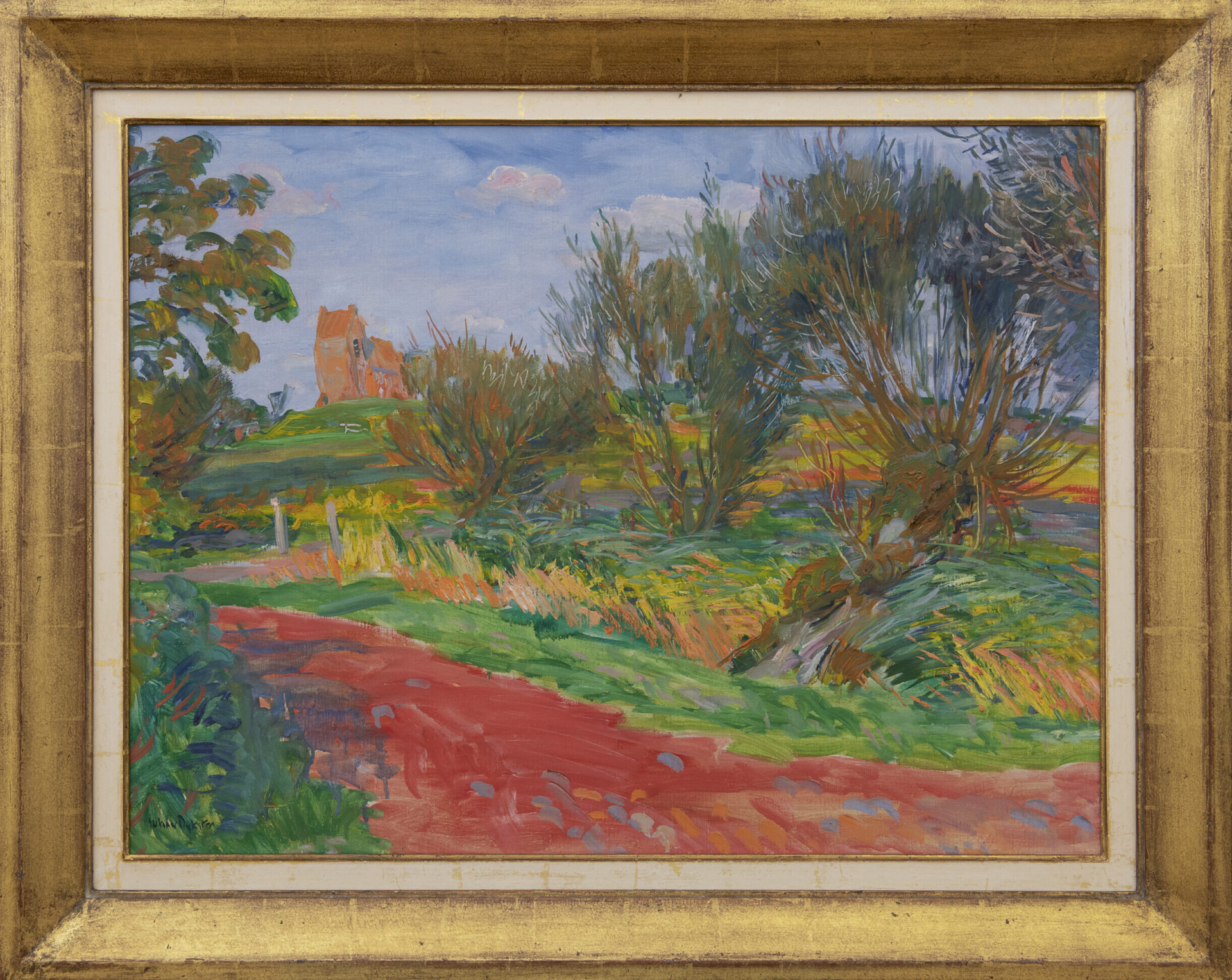 Johan Dijkstra: Gronings landschap met gezicht op de kerk van Oostum (in lijst)