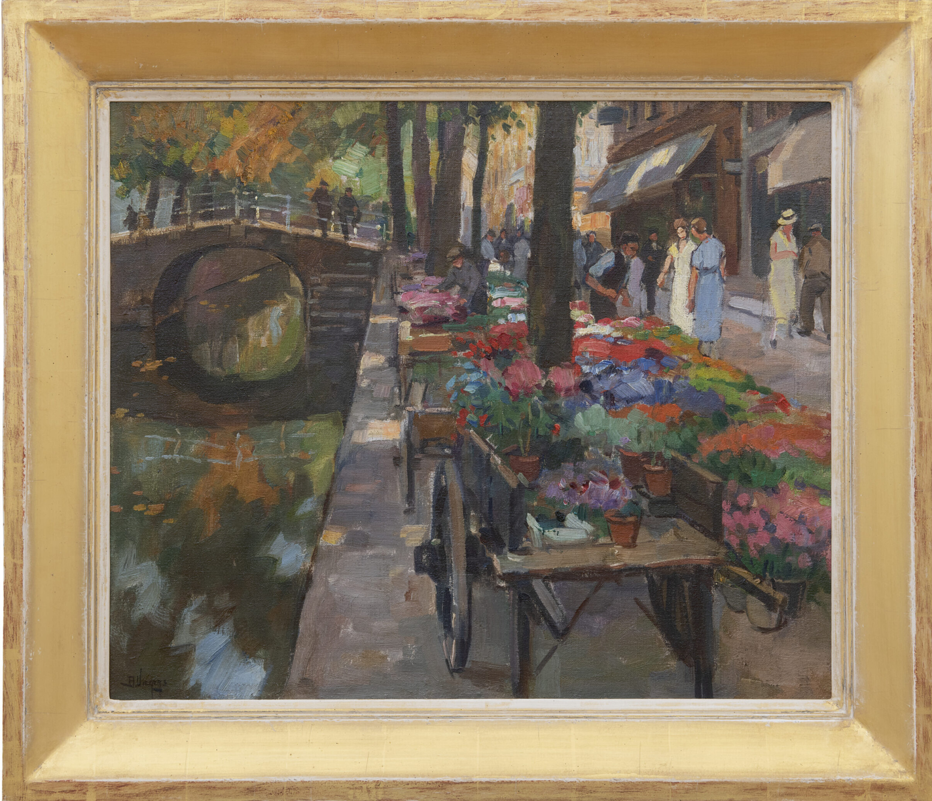 Ben Viegers: Bloemenmarkt aan een gracht in Delft (in lijst)