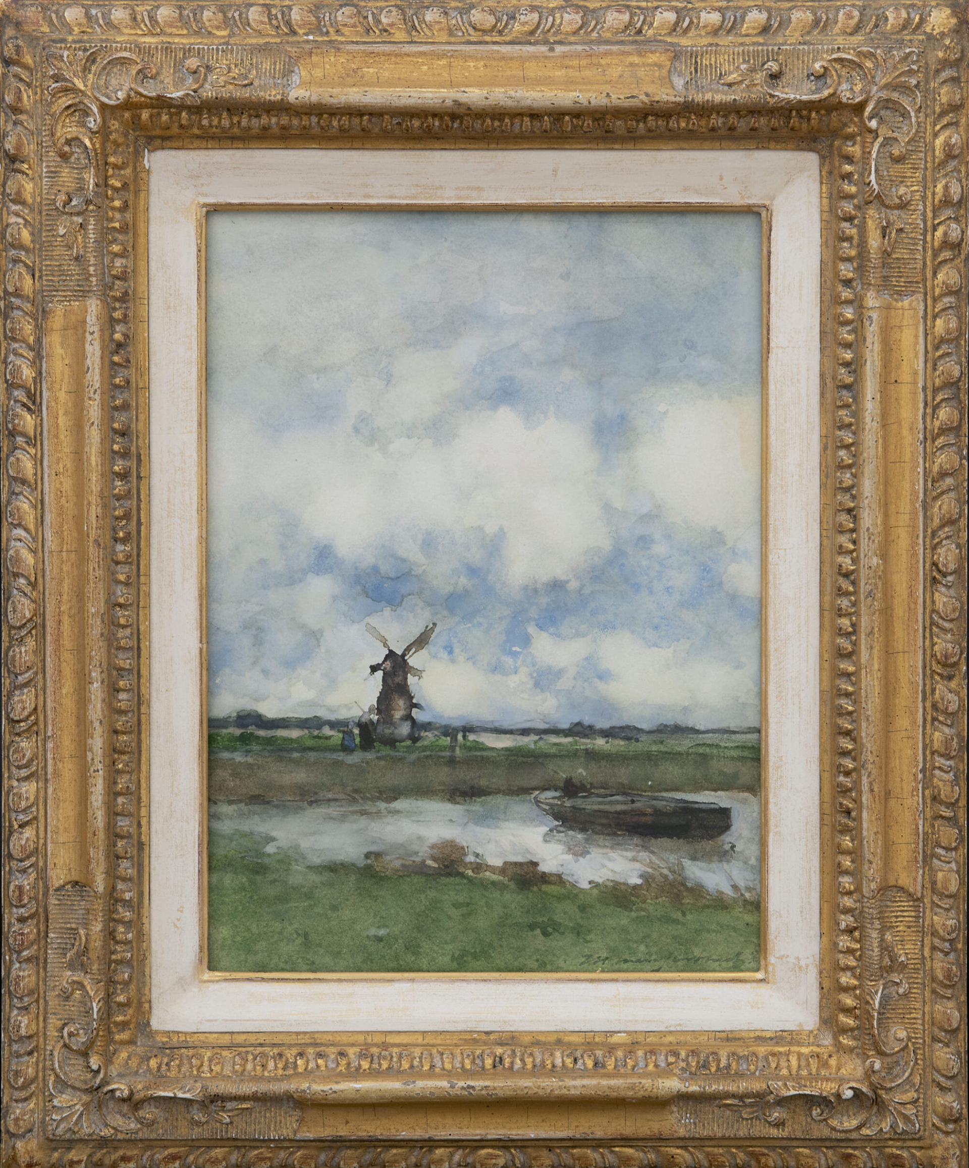 Hendrik Johannes Weissenbruch: Polderlandschap met molen en praam (in lijst)