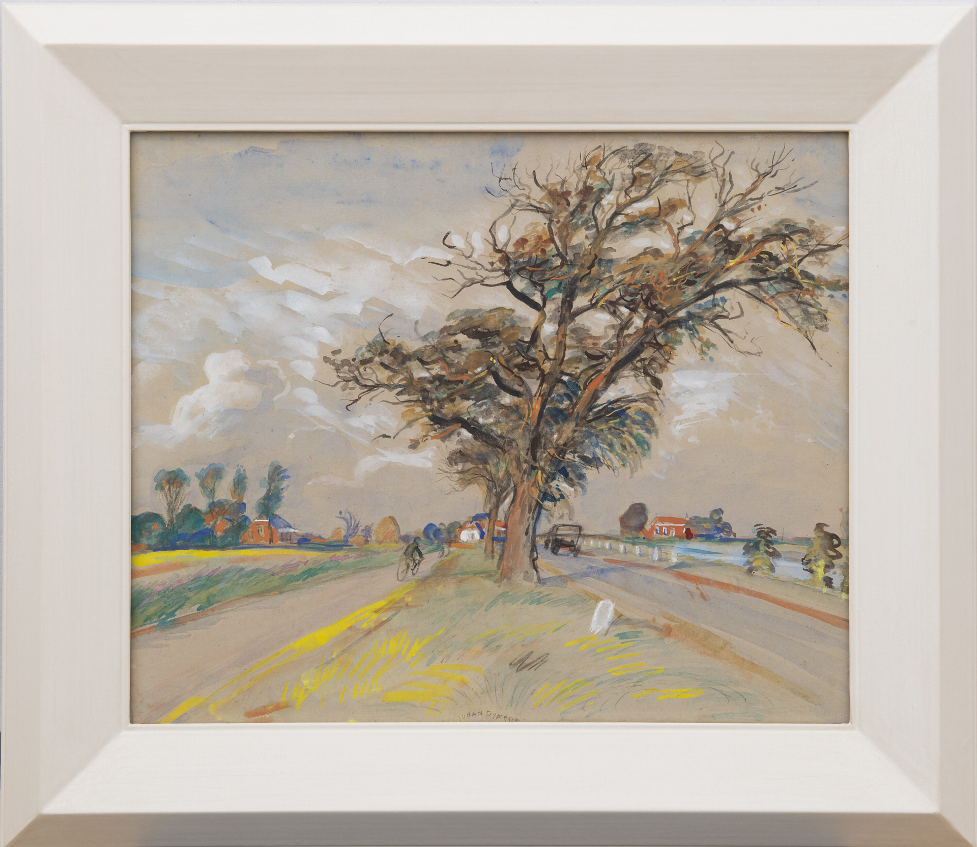 Johan Dijkstra schilderij, Landschap met fietser, te koop.: Landschap met fietser (in lijst)