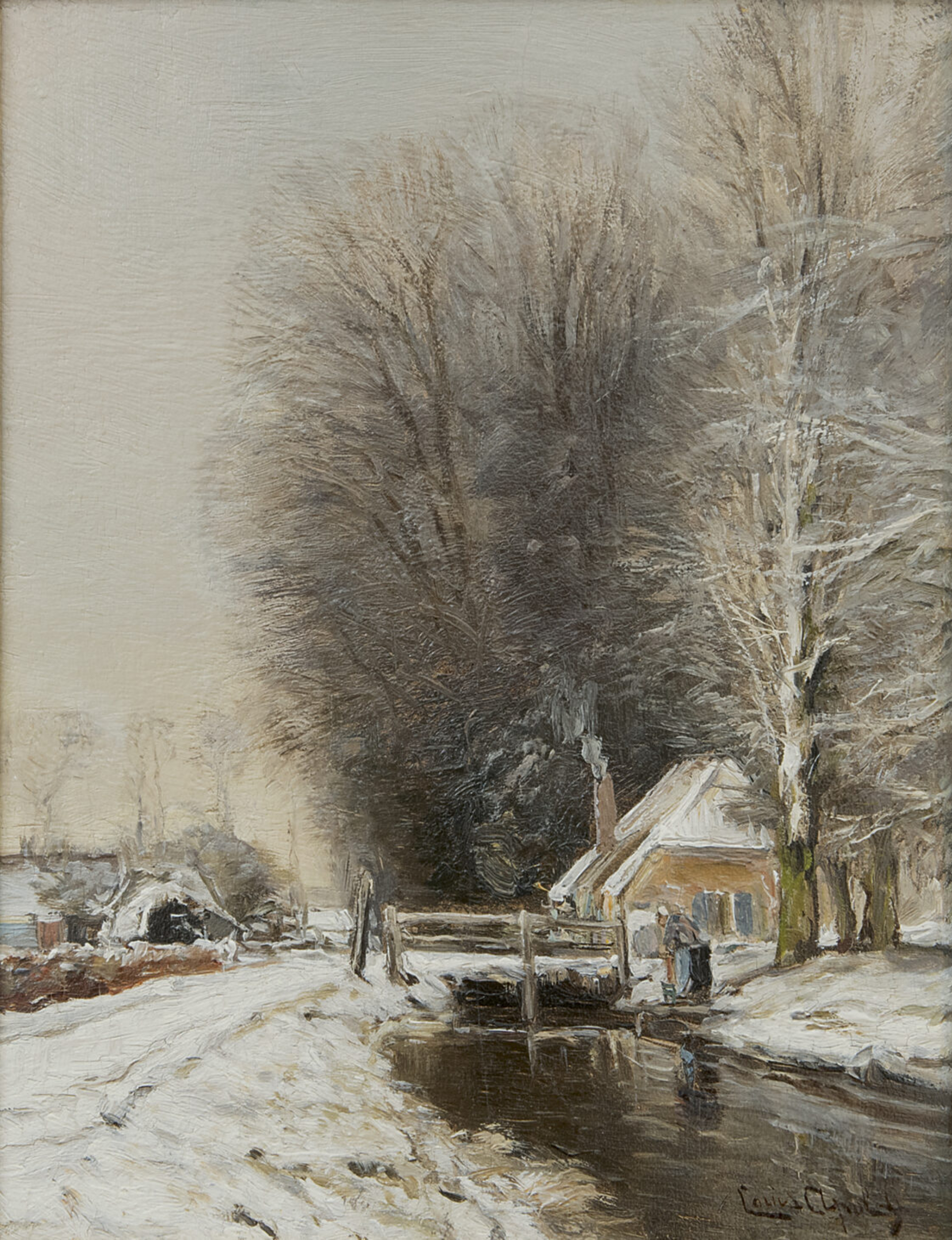 Louis Apol schliderij, Boerderij in sneeuwlandschap, te koop.: Boerderij in sneeuwlandschap