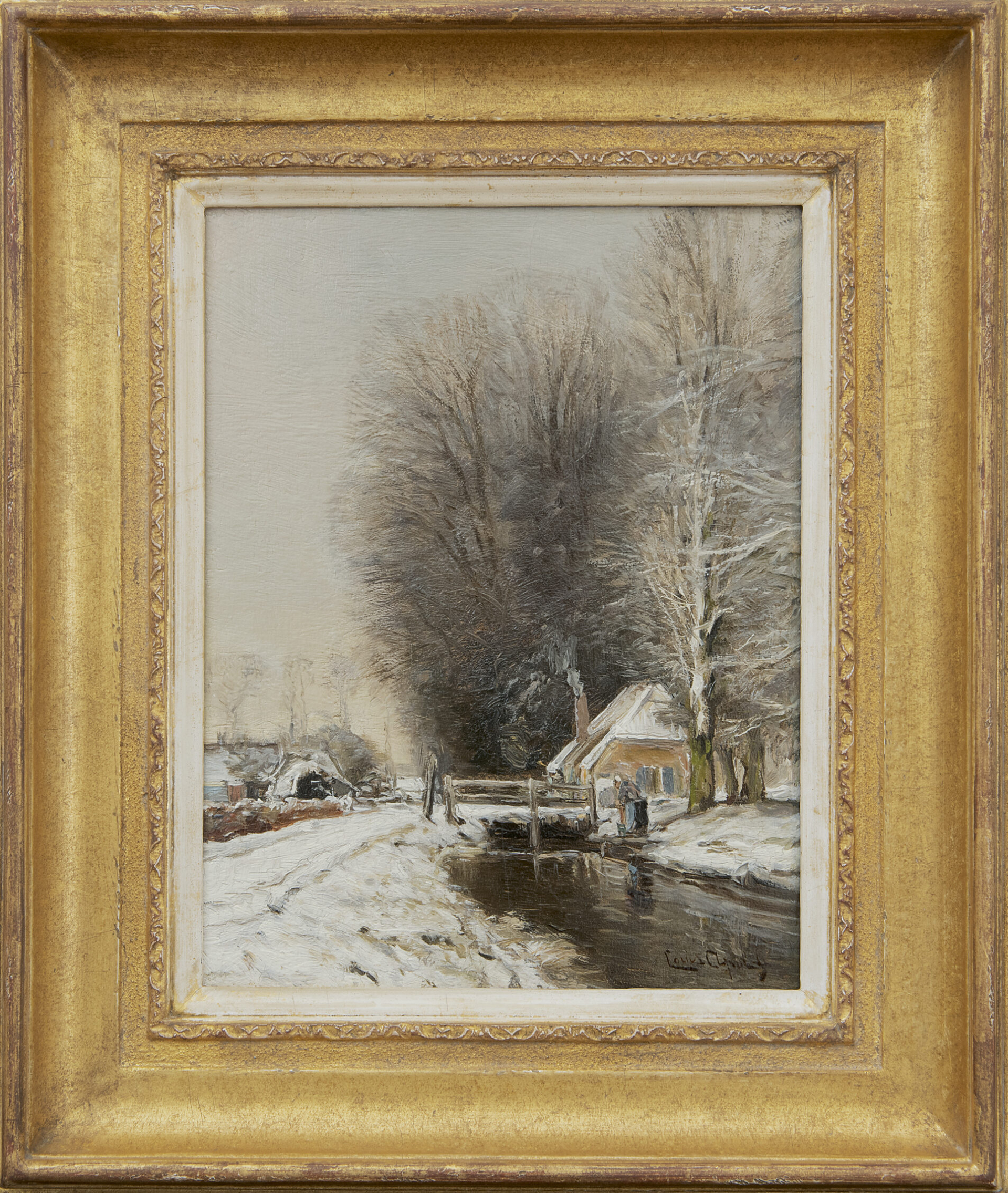 Louis Apol schliderij, Boerderij in sneeuwlandschap, te koop.: Boerderij in sneeuwlandschap (in lijst)