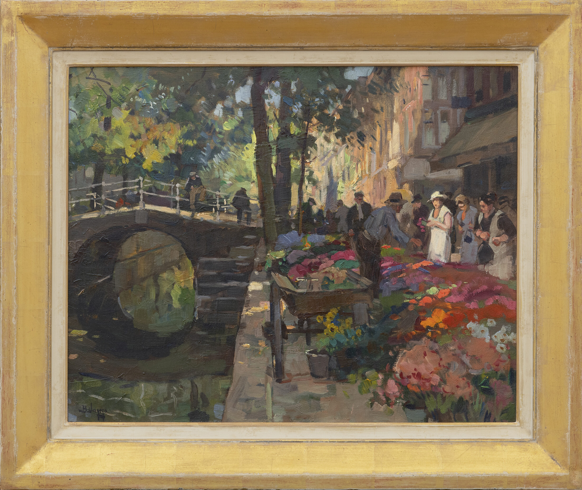 Ben Viegers: Bloemenmarkt in Delft tijdens een zomerse dag (in lijst)