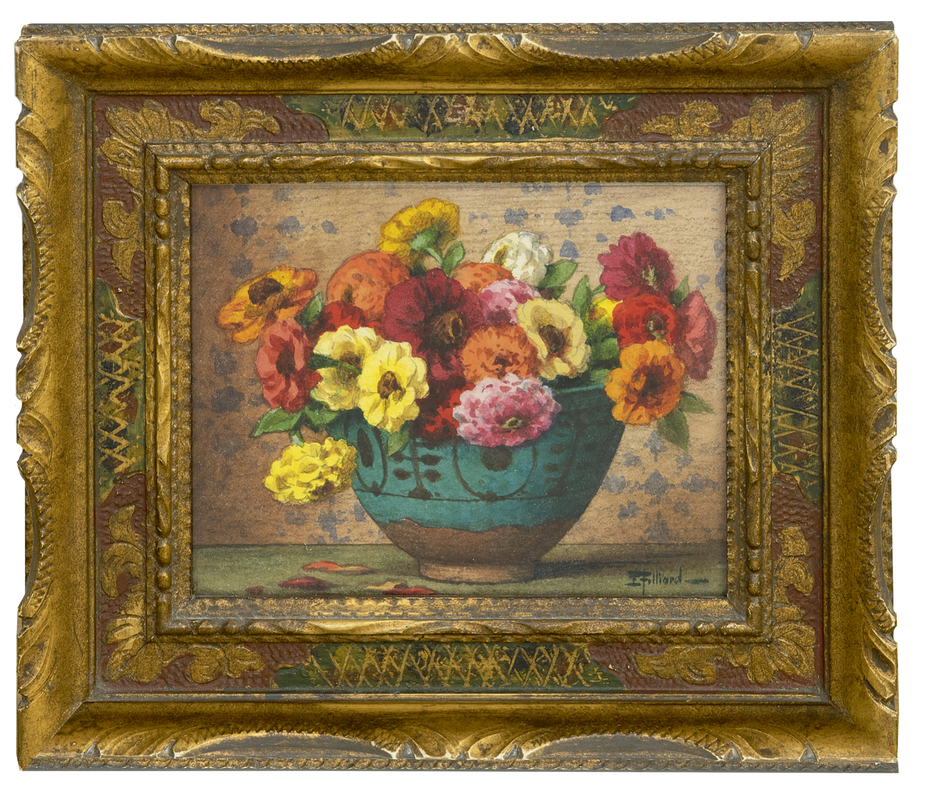 Ernest Filliard: Zinnia's in een groene pot