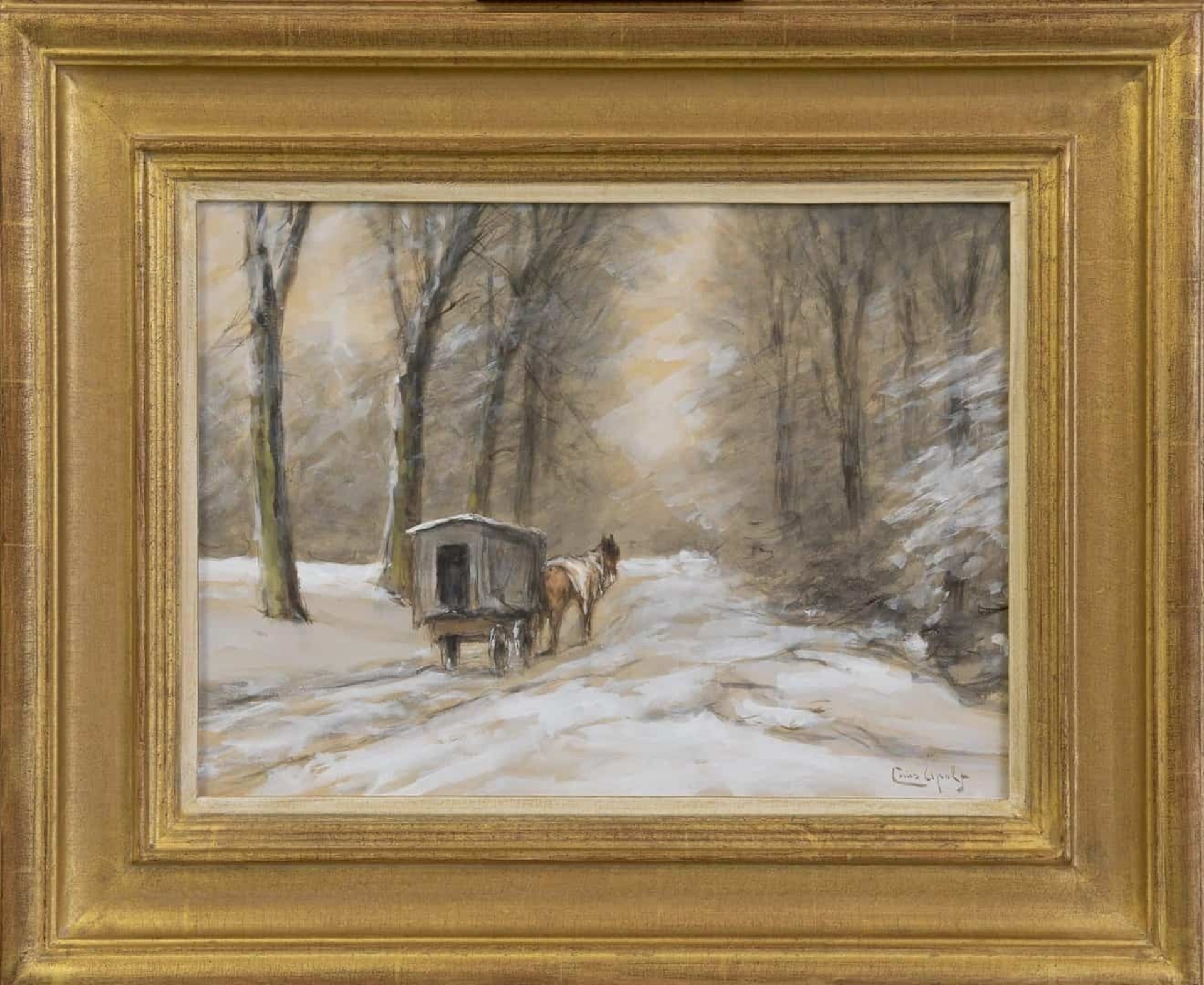Louis Apol: Paard en wagen in de sneeuw (in lijst)