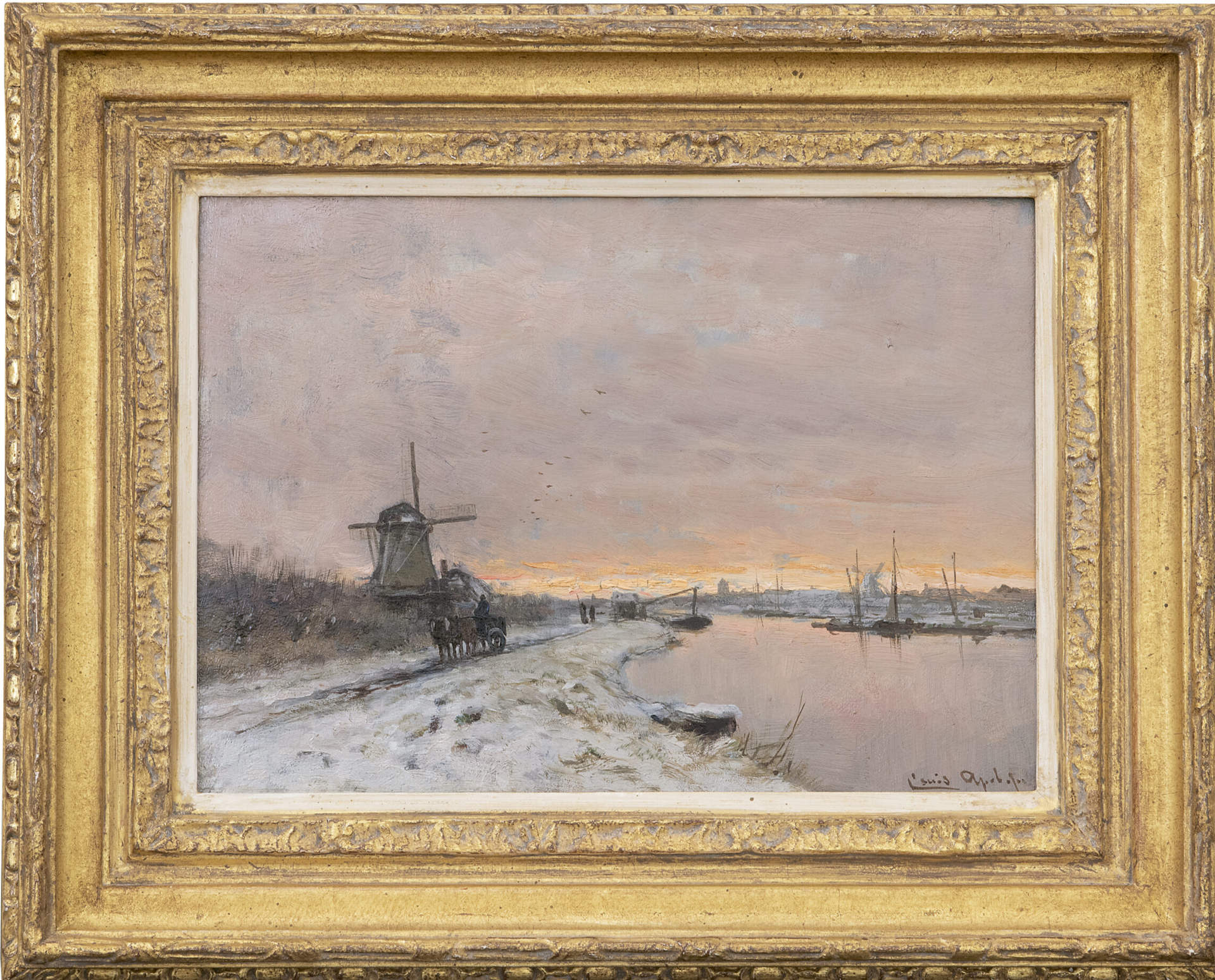 Louis Apol: Winter landschap met paard en wagen langs een vaart (in lijst)
