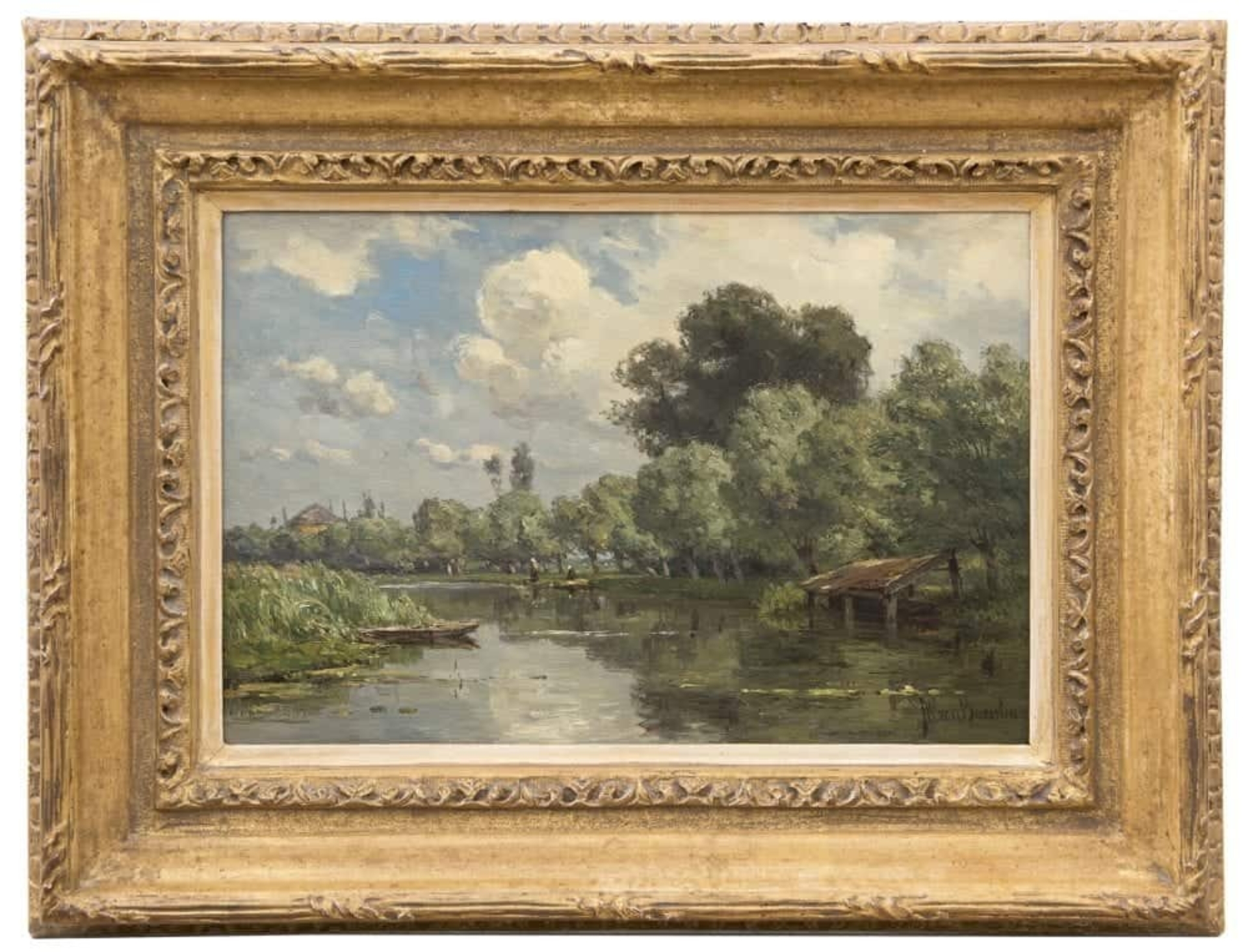 Jan Willem van Borselen: Rivierlandschap met boothuisje (in lijst)