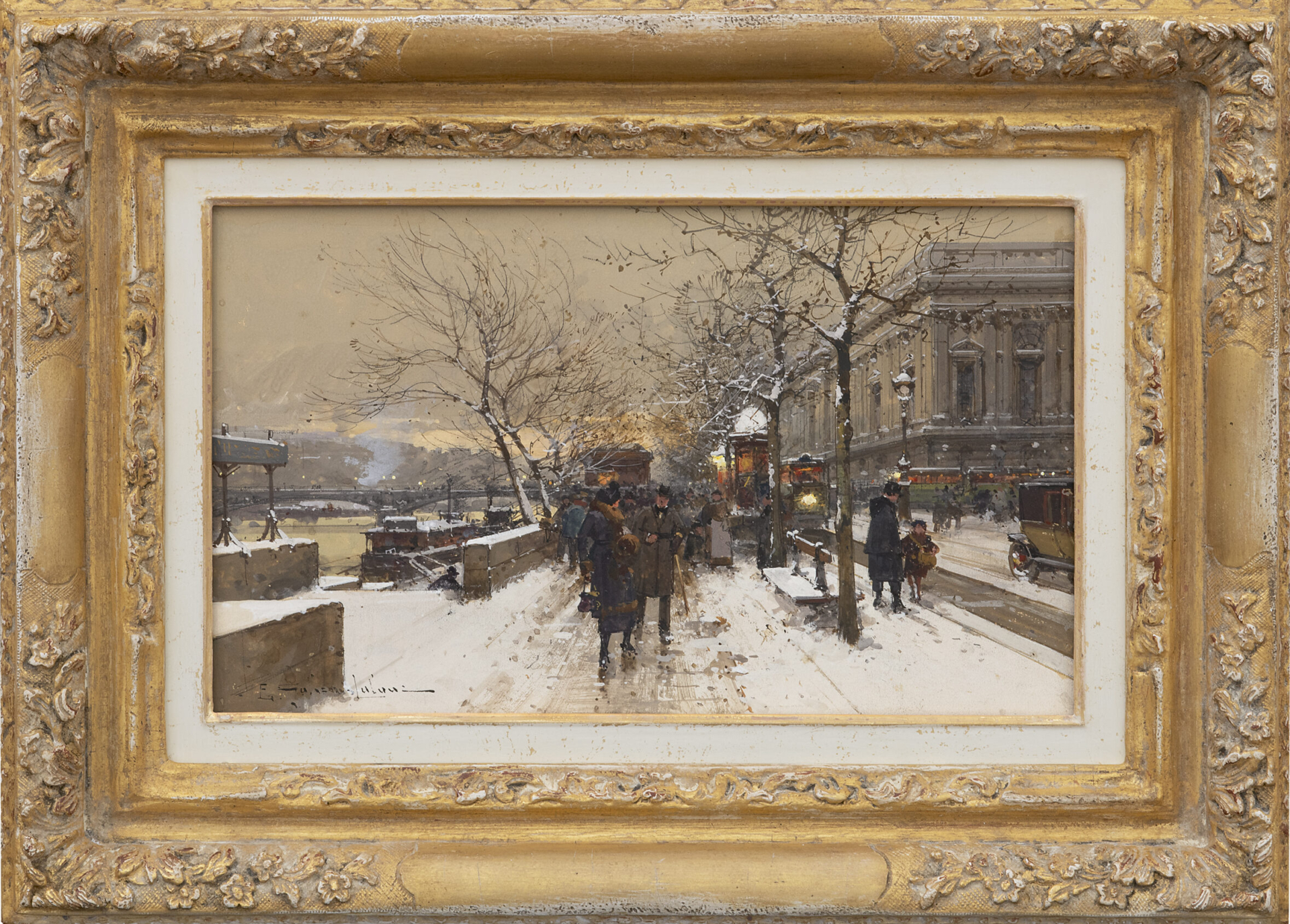 Eugène Galien-Laloue: Gezicht op rue de Rivoli en het Louvre (in lijst)