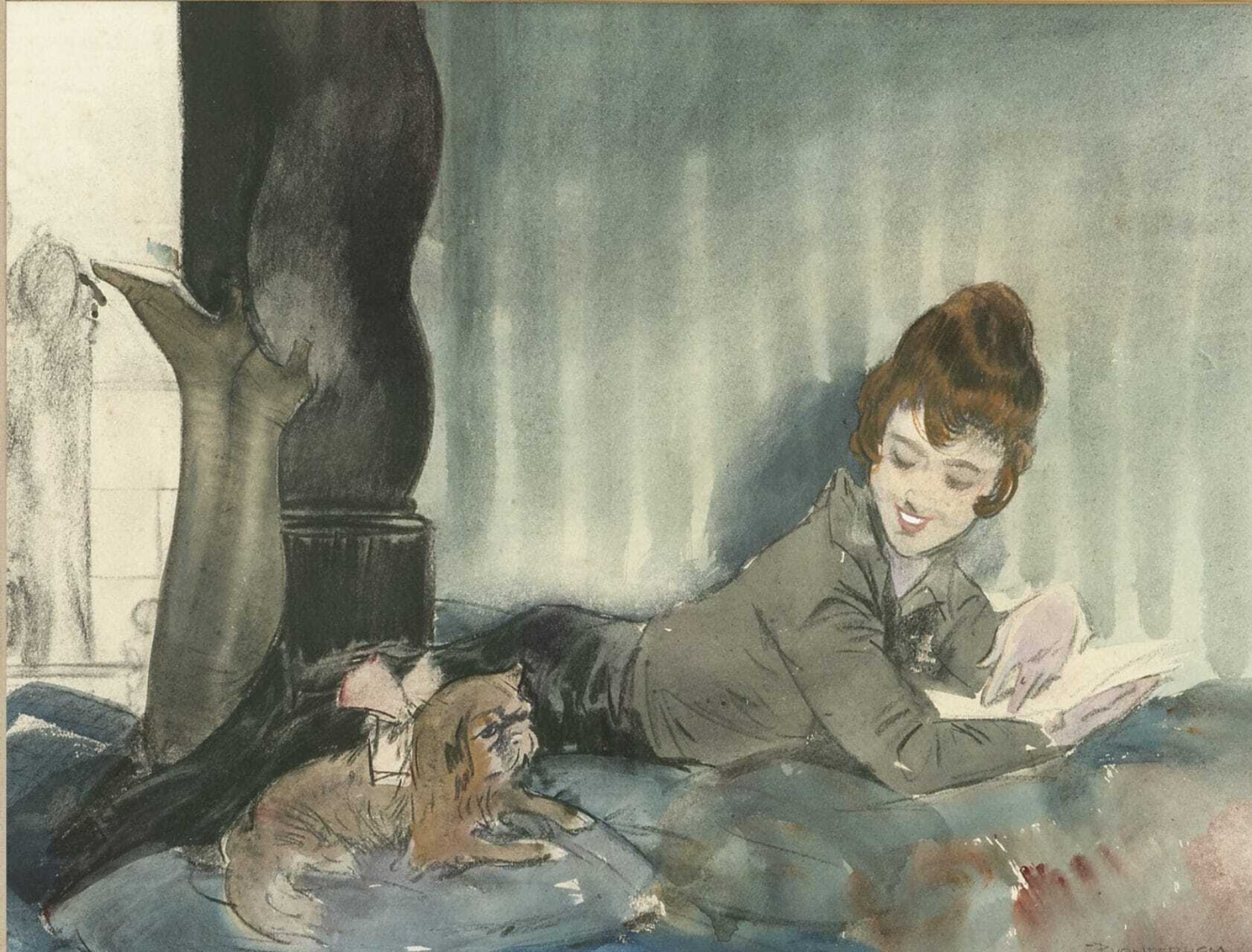 Piet van der Hem: Lezende vrouw met hondje