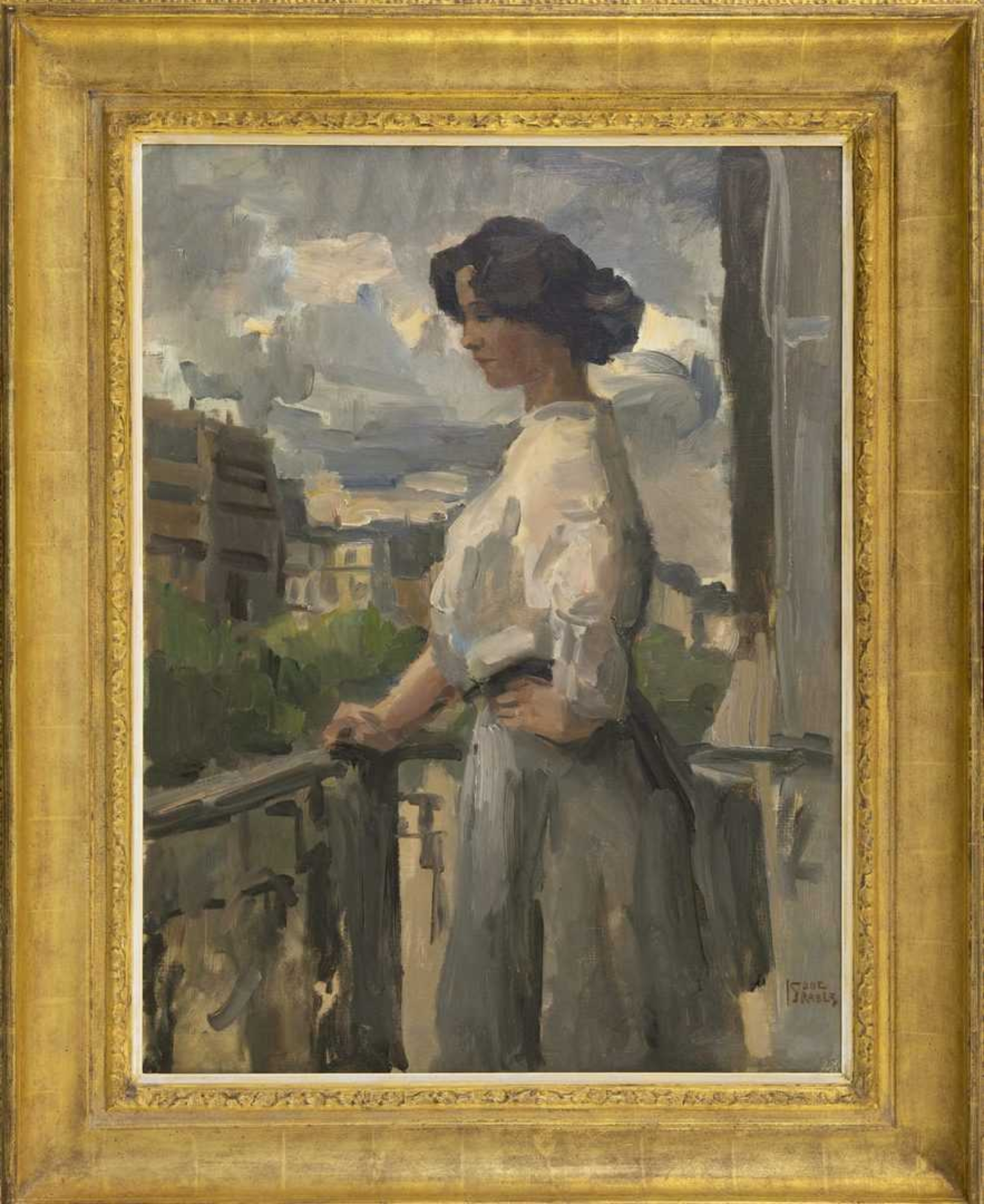 Isaac Israels: Jonge vrouw op een balkon in Parijs (in lijst)