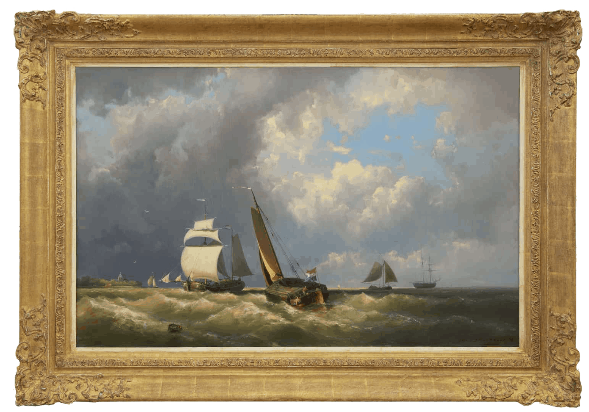 Johannes Hermanus Barend Koekkoek: Woelige zee met diverse schepen (in lijst)