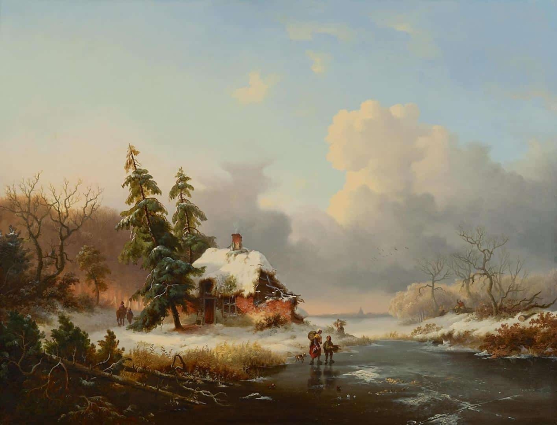 Frederik Marinus Kruseman: Winterlandschap met houtsprokkelaars bij een bevroren vaart