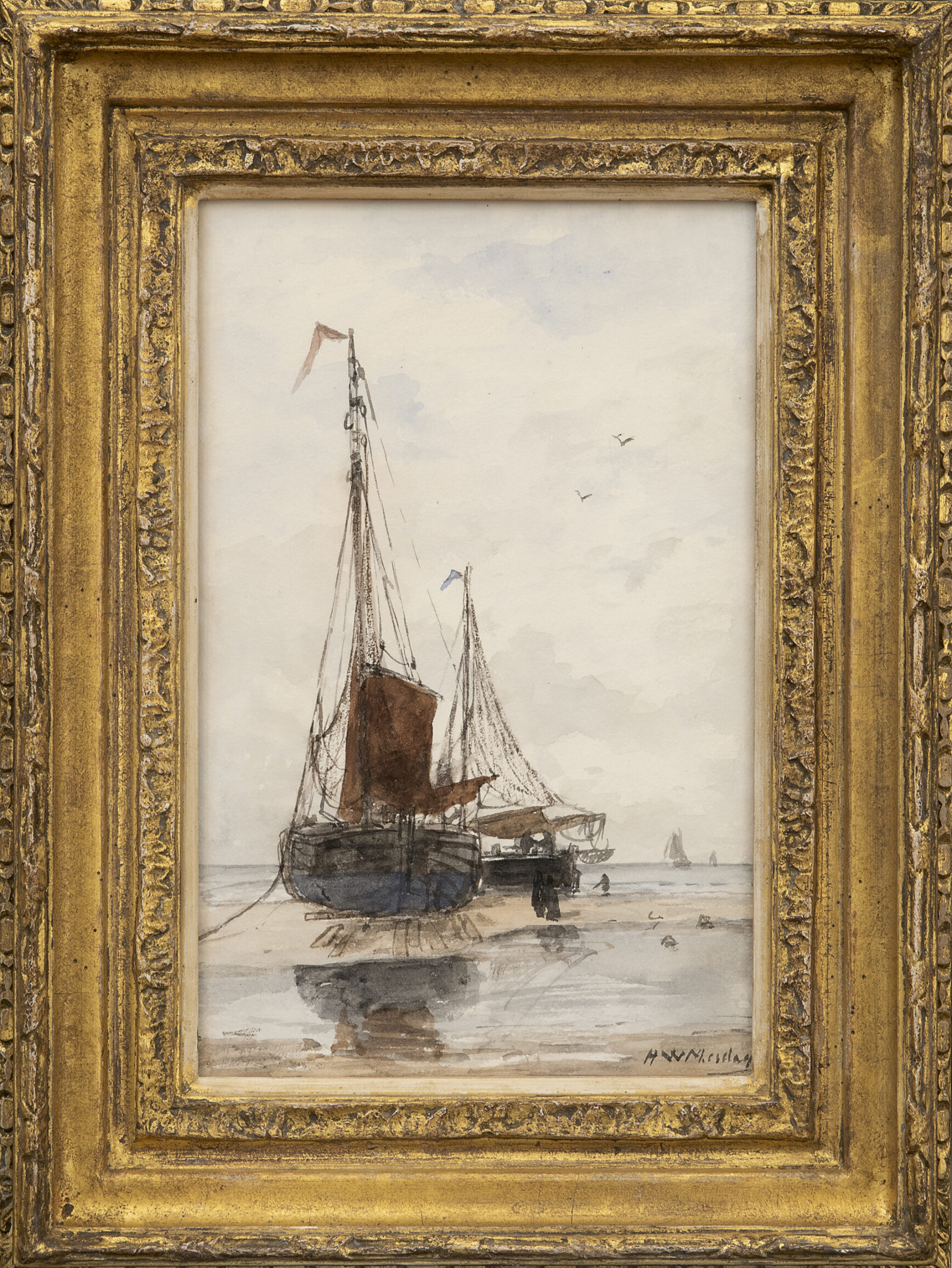 Hendrik Willem Mesdag: Bomschuiten op het strand (in lijst)