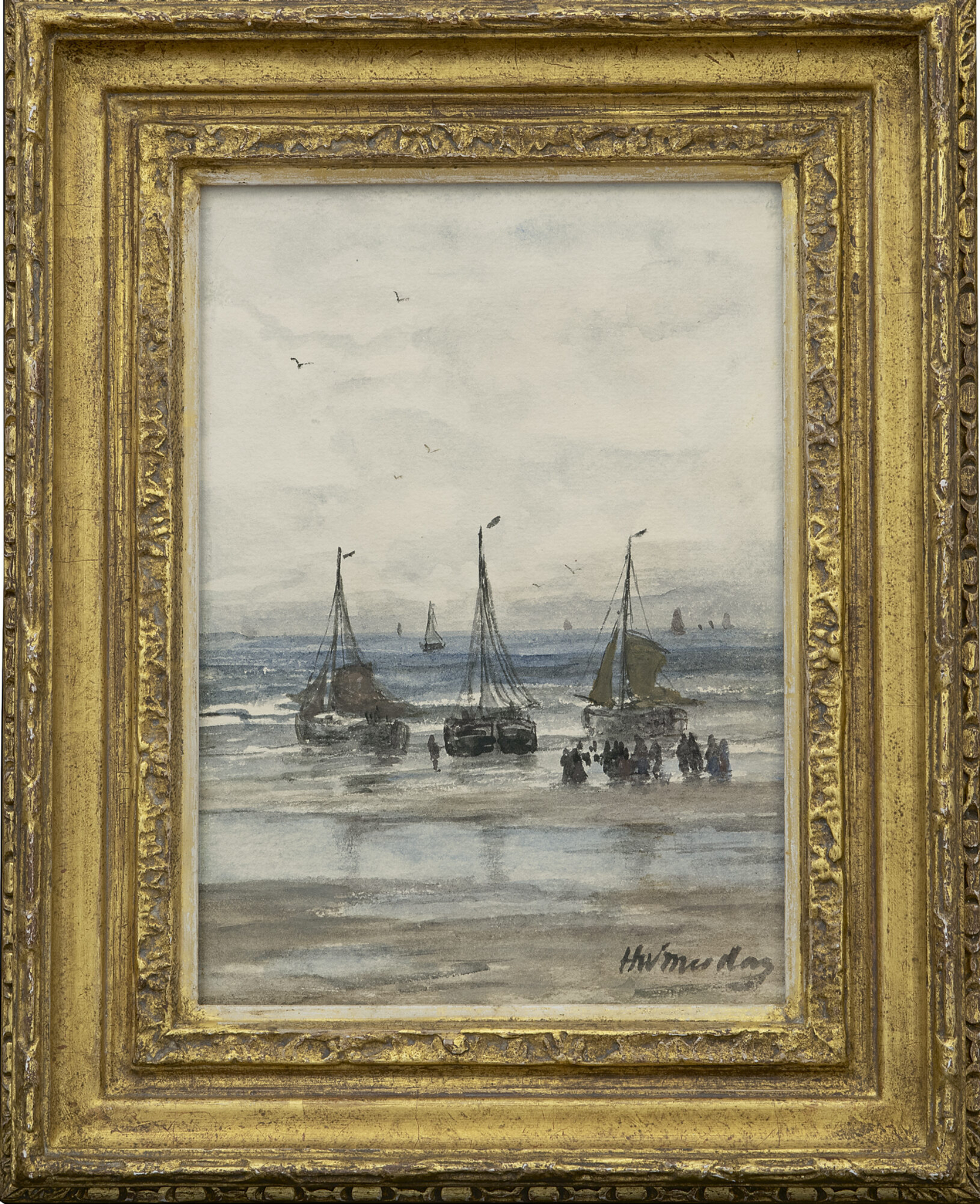 Hendrik Willem Mesdag: Bomschuiten en vissersvolk op het strand (in lijst)