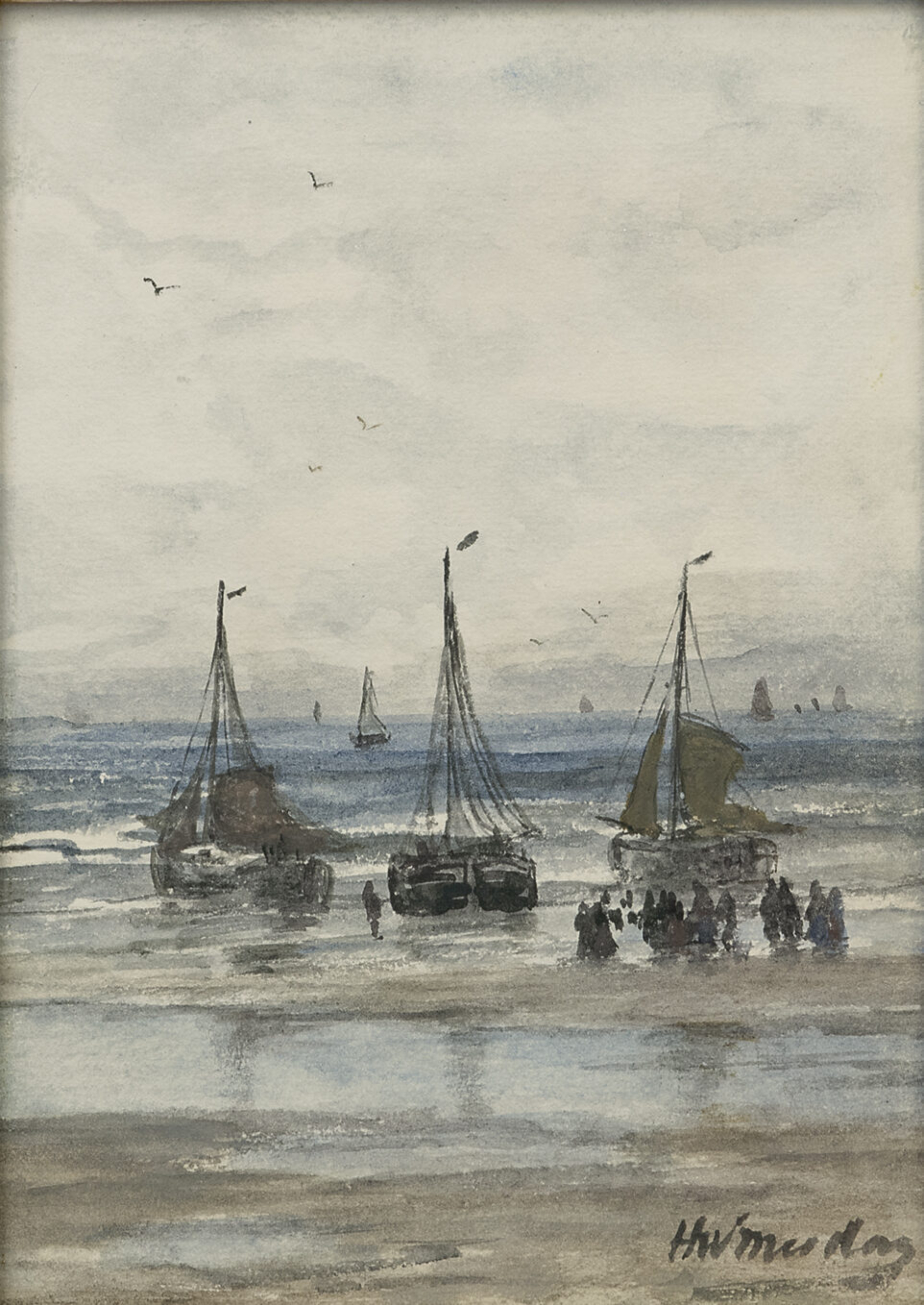 Hendrik Willem Mesdag: Bomschuiten en vissersvolk op het strand