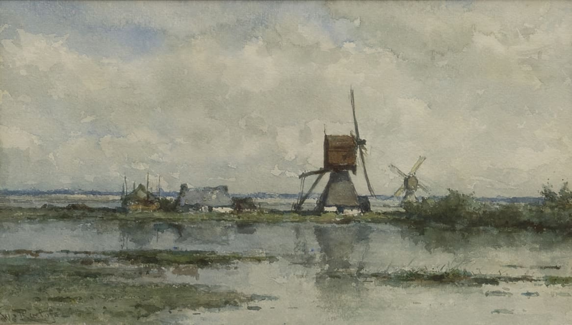 Willem Roelofs: Polderlandschap met twee molens
