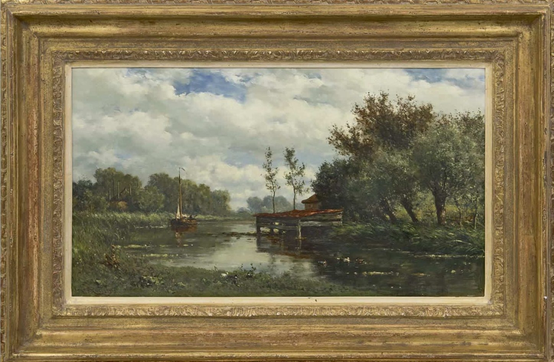 Willem Roelofs: Rivierlandschap met boothuisje (in lijst)