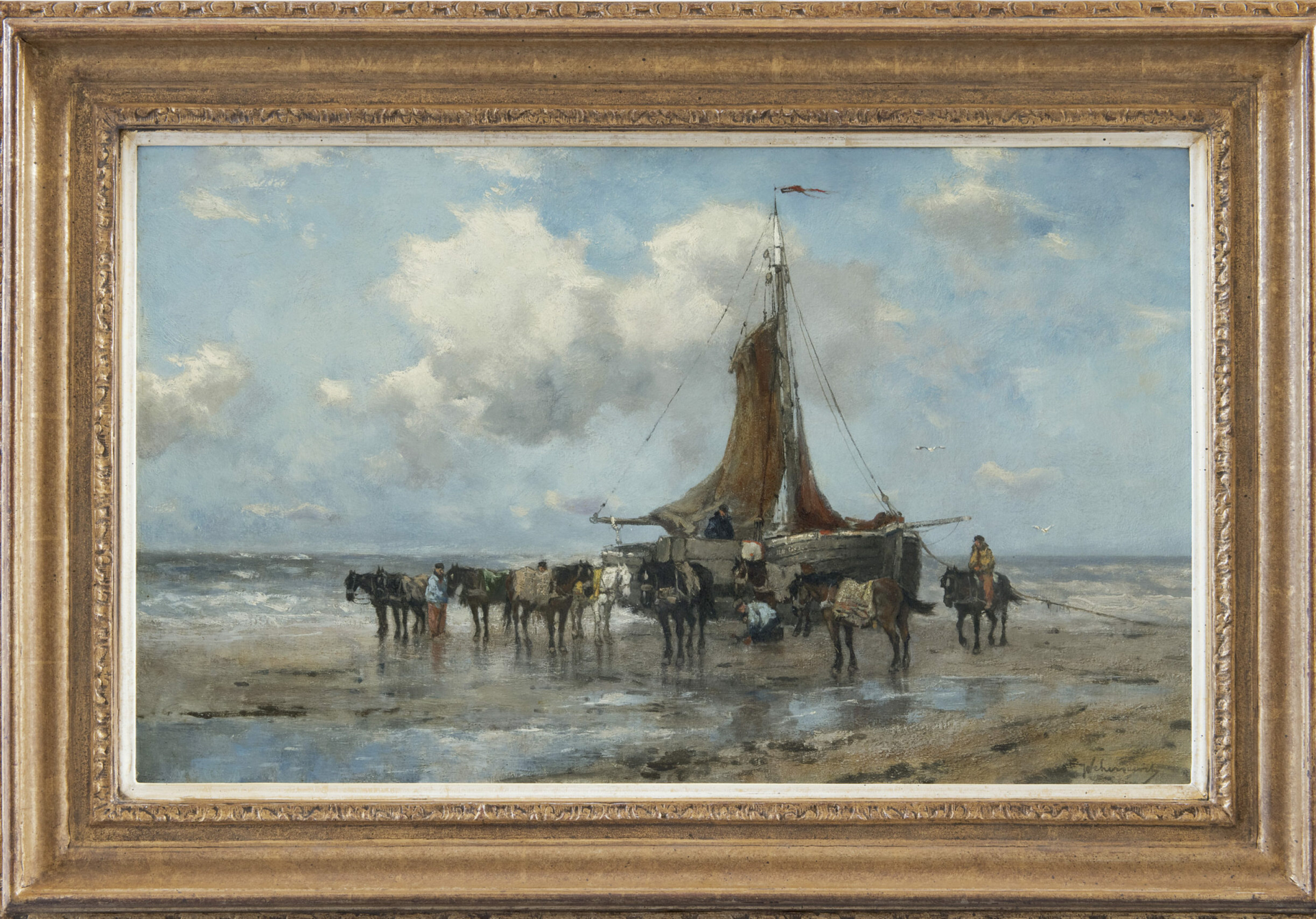 Johan Frederik Cornelis Scherrewitz: Bomschuiten met paarden op het strand (in lijst)
