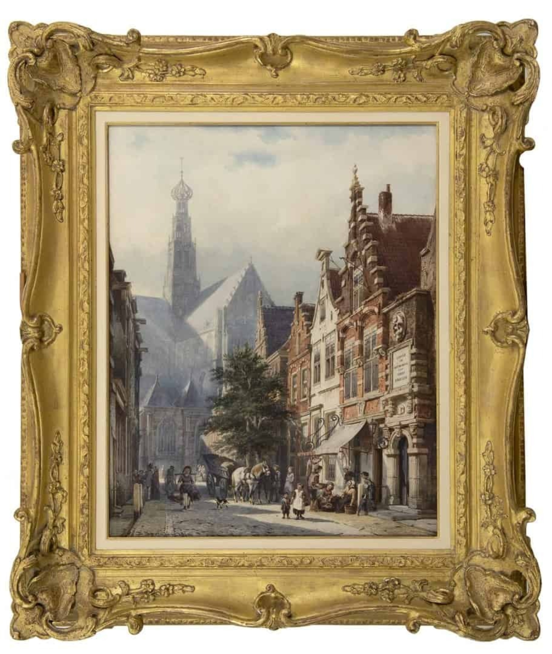 Cornelis Springer: Bedrijvigheid in de St. Jansstraat te Haarlem met op de achtergrond de St. Bavokerk (in lijst)