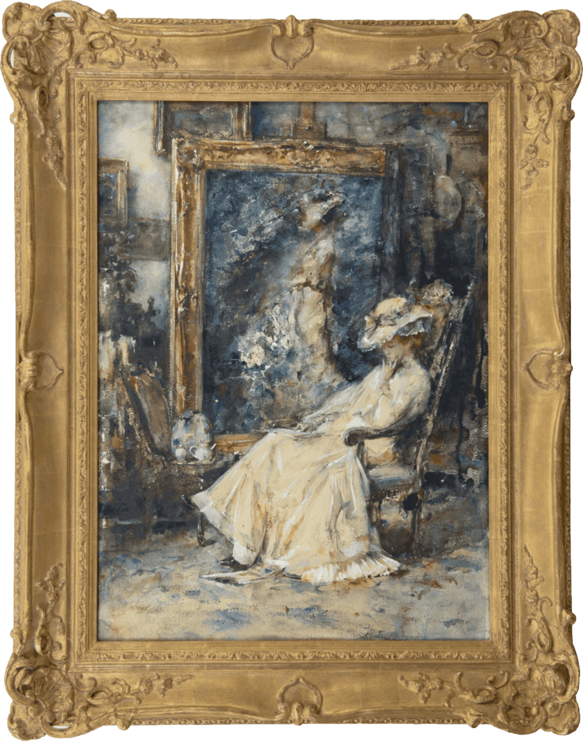 Albert Roelofs: Lezende Tjieke in het atelier van de schilder (in lijst)