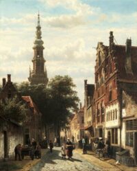 Cornelis Springer: Bedrijvigheid in de Nieuwe Raamstraat te Haarlem met op de achtergrond de toren van de Nieuwe Kerk