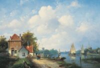 Charles Leickert: Bedrijvigheid langs een vaart tijdens een zomerse dag
